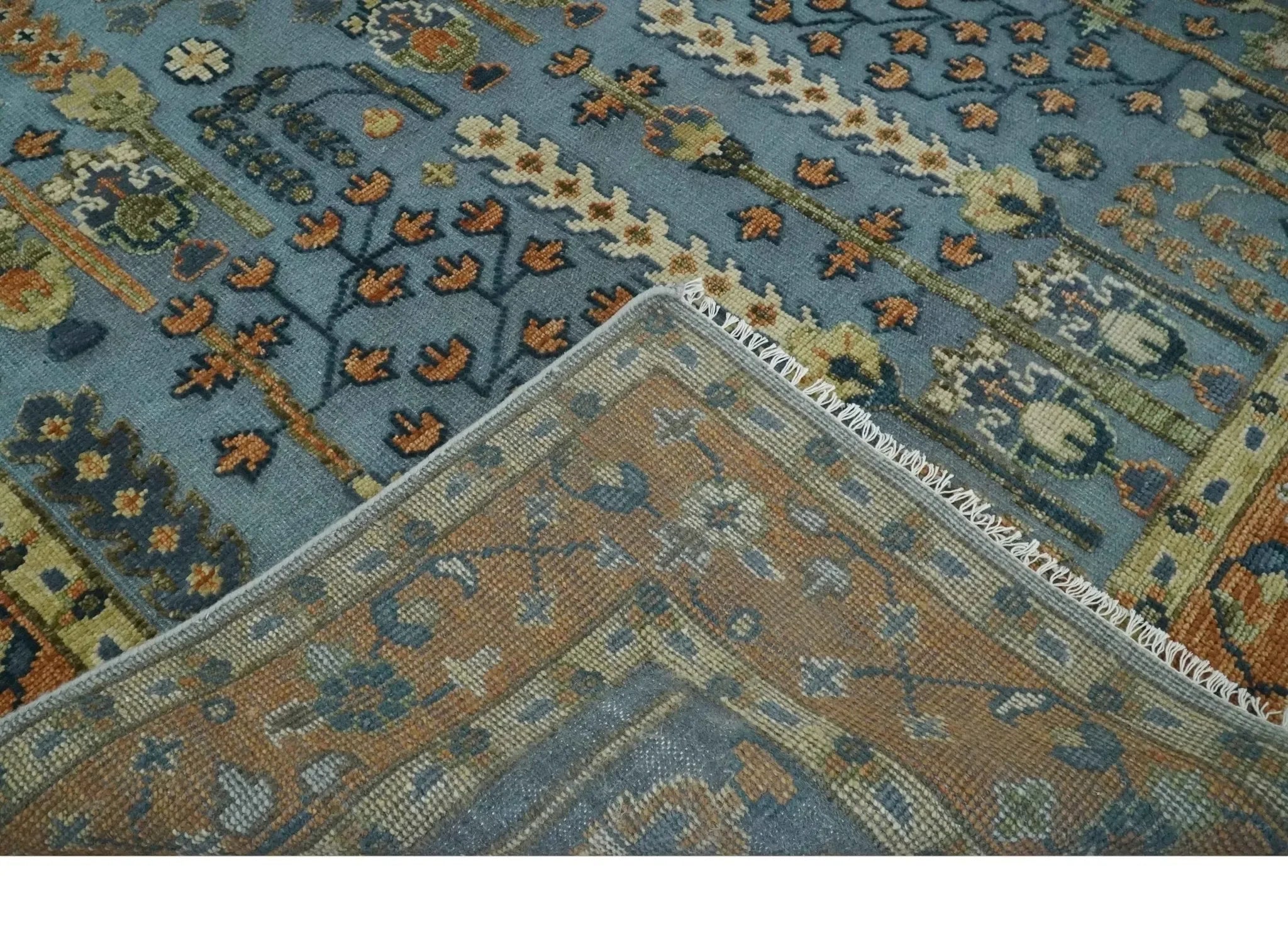 Custom Made Hand Knotted Blue and Rust Tree Design Low pile Wool Area Rug - The Mayfair Hall
