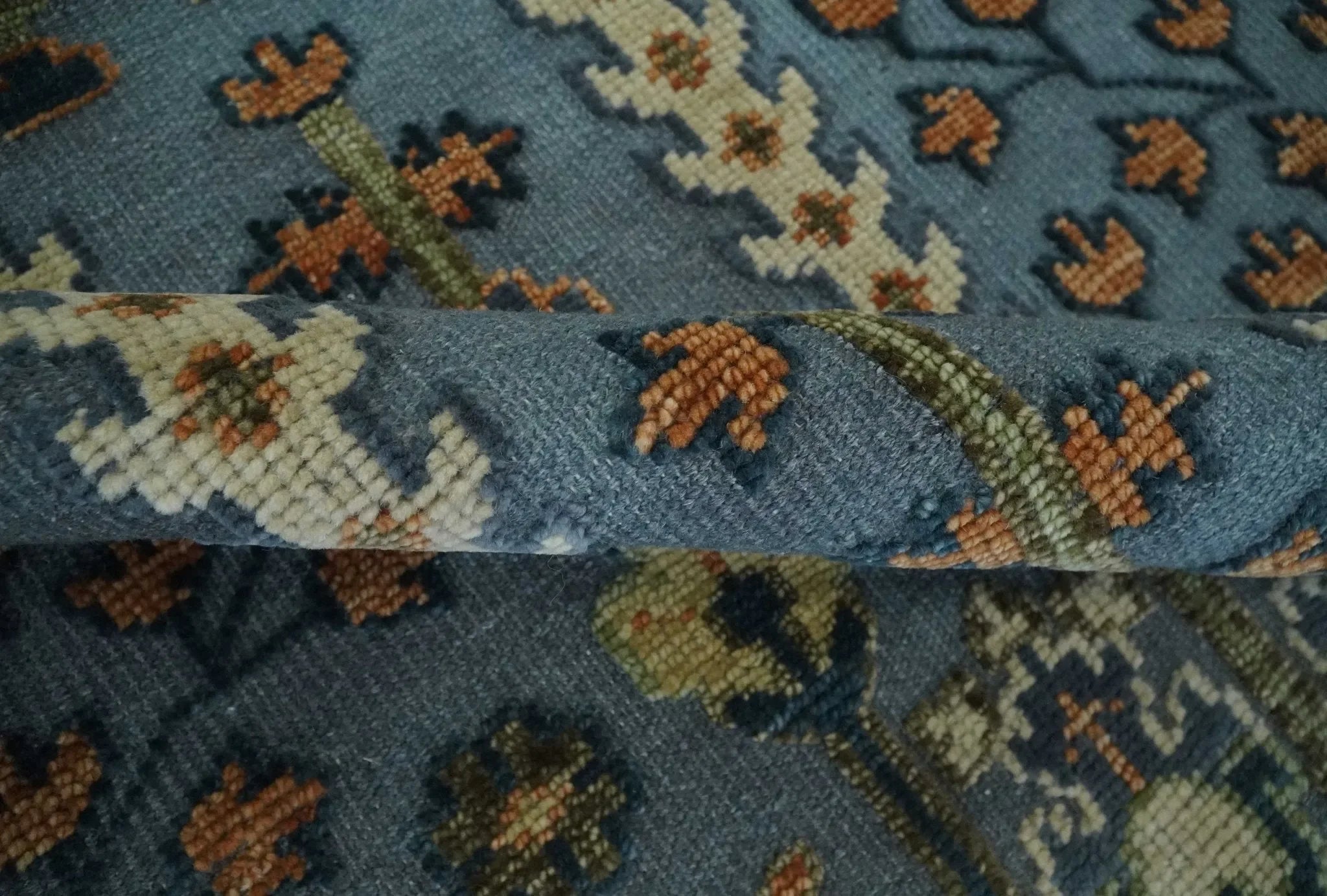 Custom Made Hand Knotted Blue and Rust Tree Design Low pile Wool Area Rug - The Mayfair Hall