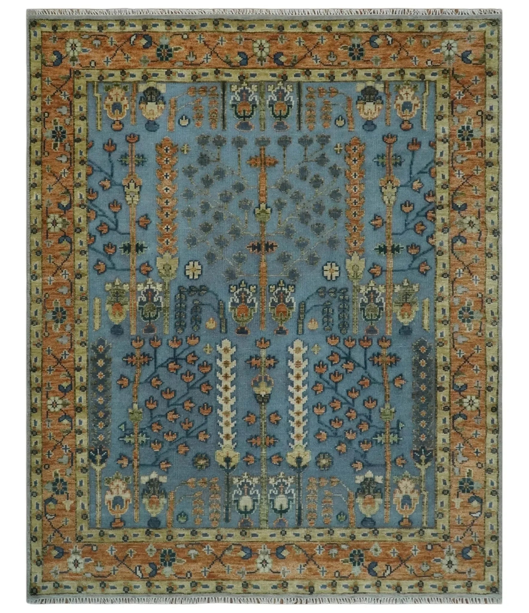 Custom Made Hand Knotted Blue and Rust Tree Design Low pile Wool Area Rug - The Mayfair Hall