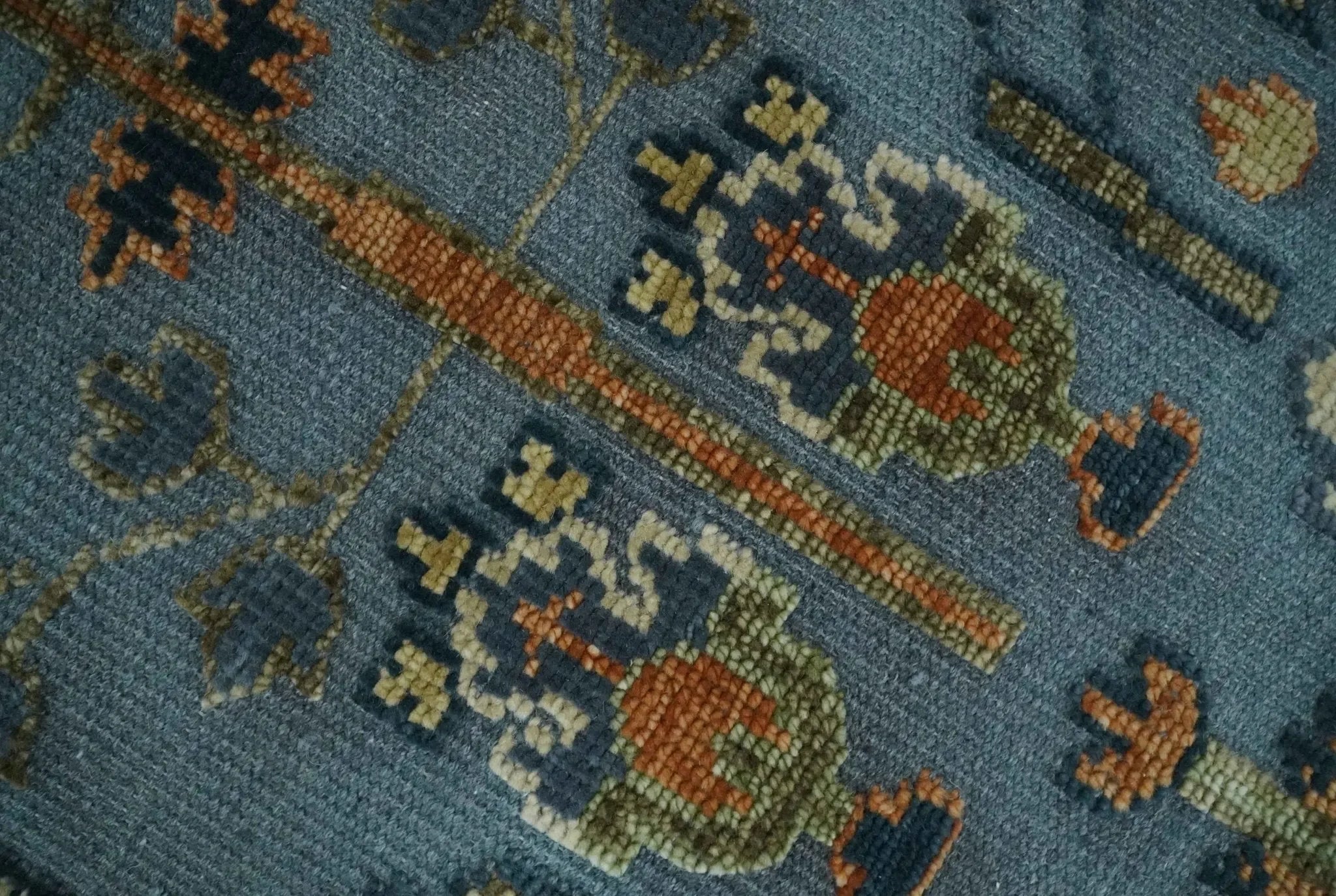 Custom Made Hand Knotted Blue and Rust Tree Design Low pile Wool Area Rug - The Mayfair Hall