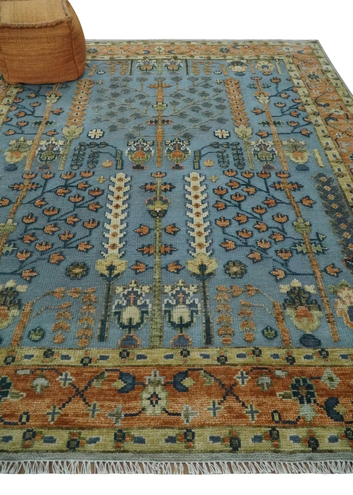 Custom Made Hand Knotted Blue and Rust Tree Design Low pile Wool Area Rug - The Mayfair Hall