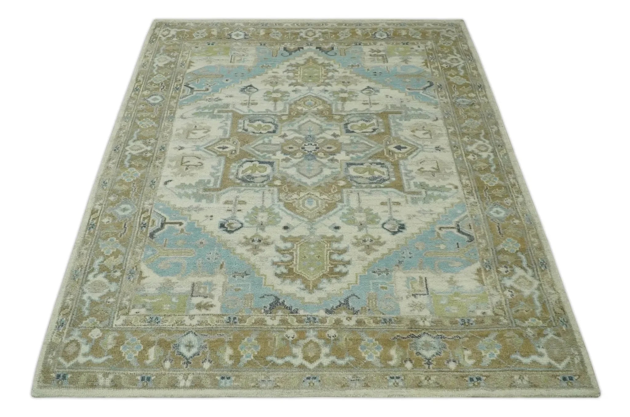 Custom Made Hand Knotted Ivory, Olive and Light Blue Traditional Wool Area Rug - The Mayfair Hall