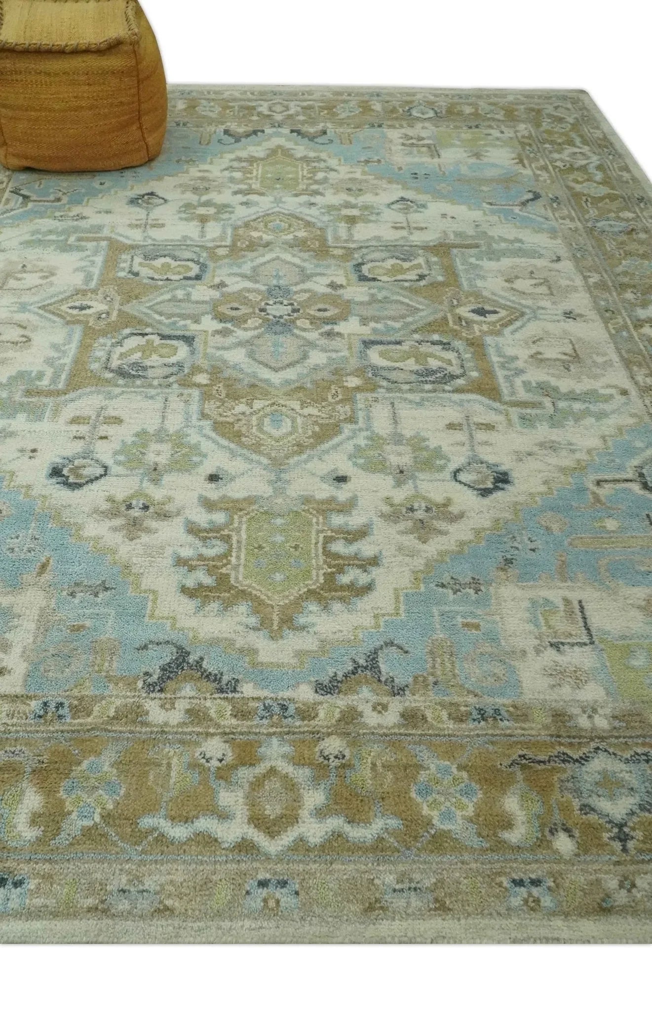 Custom Made Hand Knotted Ivory, Olive and Light Blue Traditional Wool Area Rug - The Mayfair Hall