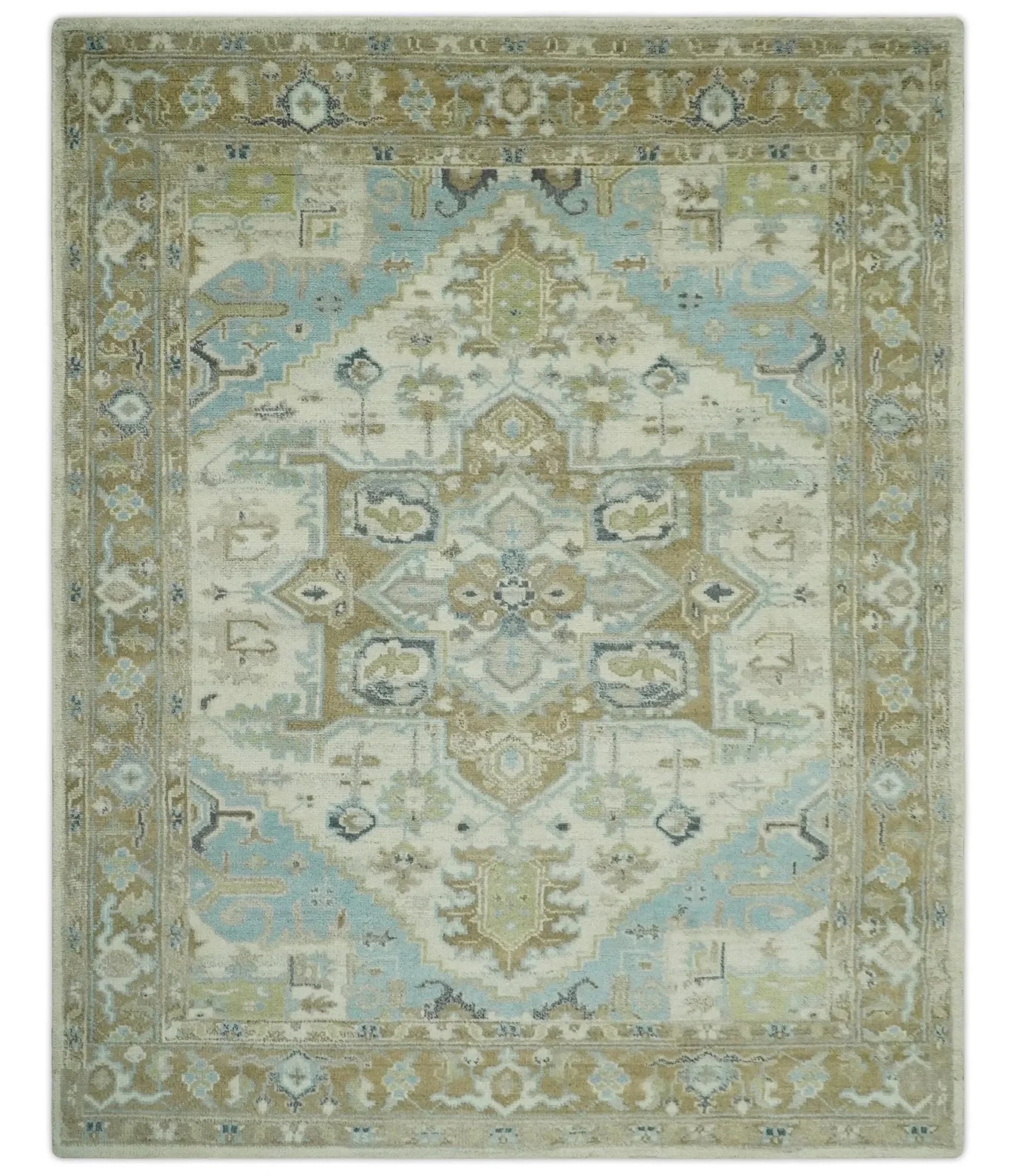 Custom Made Hand Knotted Ivory, Olive and Light Blue Traditional Wool Area Rug - The Mayfair Hall