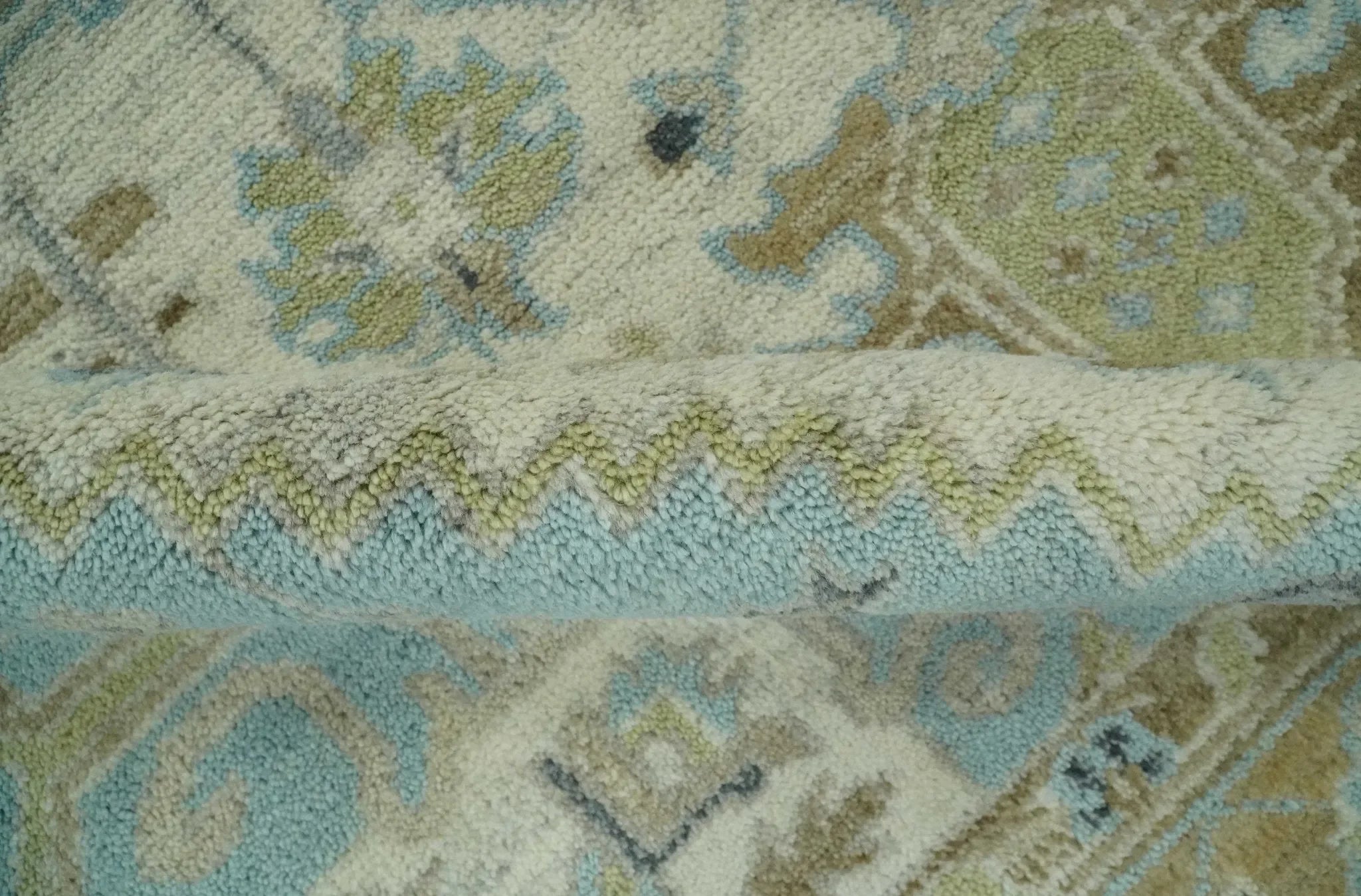 Custom Made Hand Knotted Ivory, Olive and Light Blue Traditional Wool Area Rug - The Mayfair Hall
