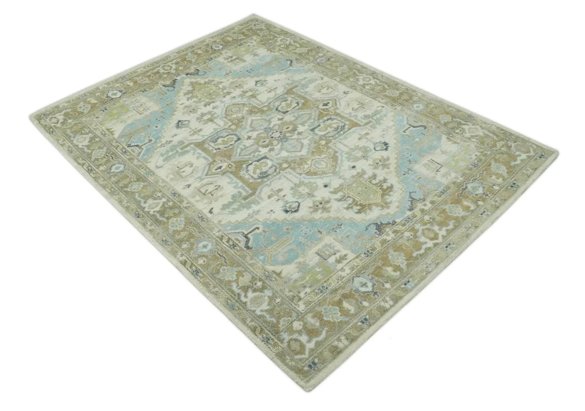 Custom Made Hand Knotted Ivory, Olive and Light Blue Traditional Wool Area Rug - The Mayfair Hall