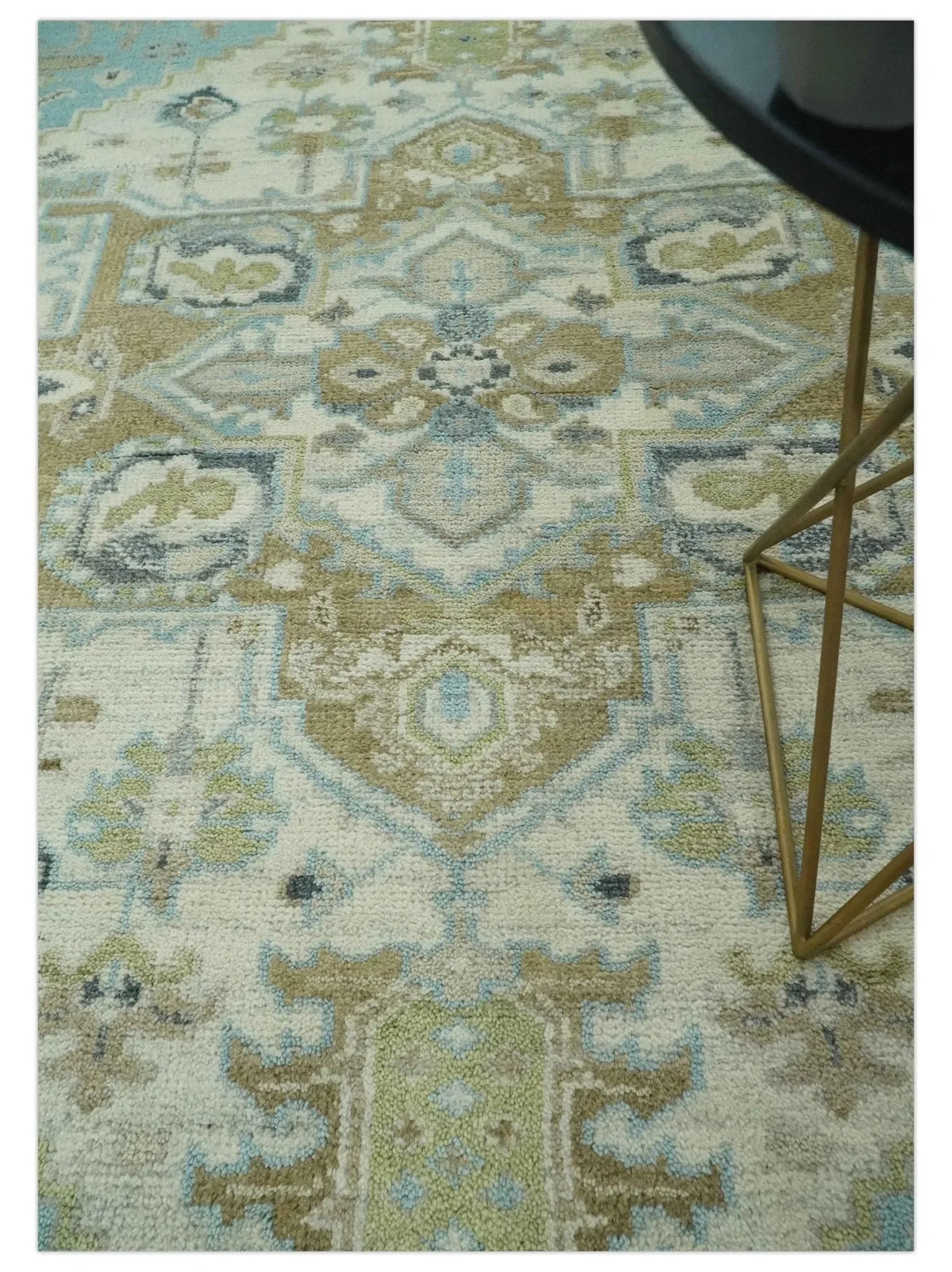 Custom Made Hand Knotted Ivory, Olive and Light Blue Traditional Wool Area Rug - The Mayfair Hall