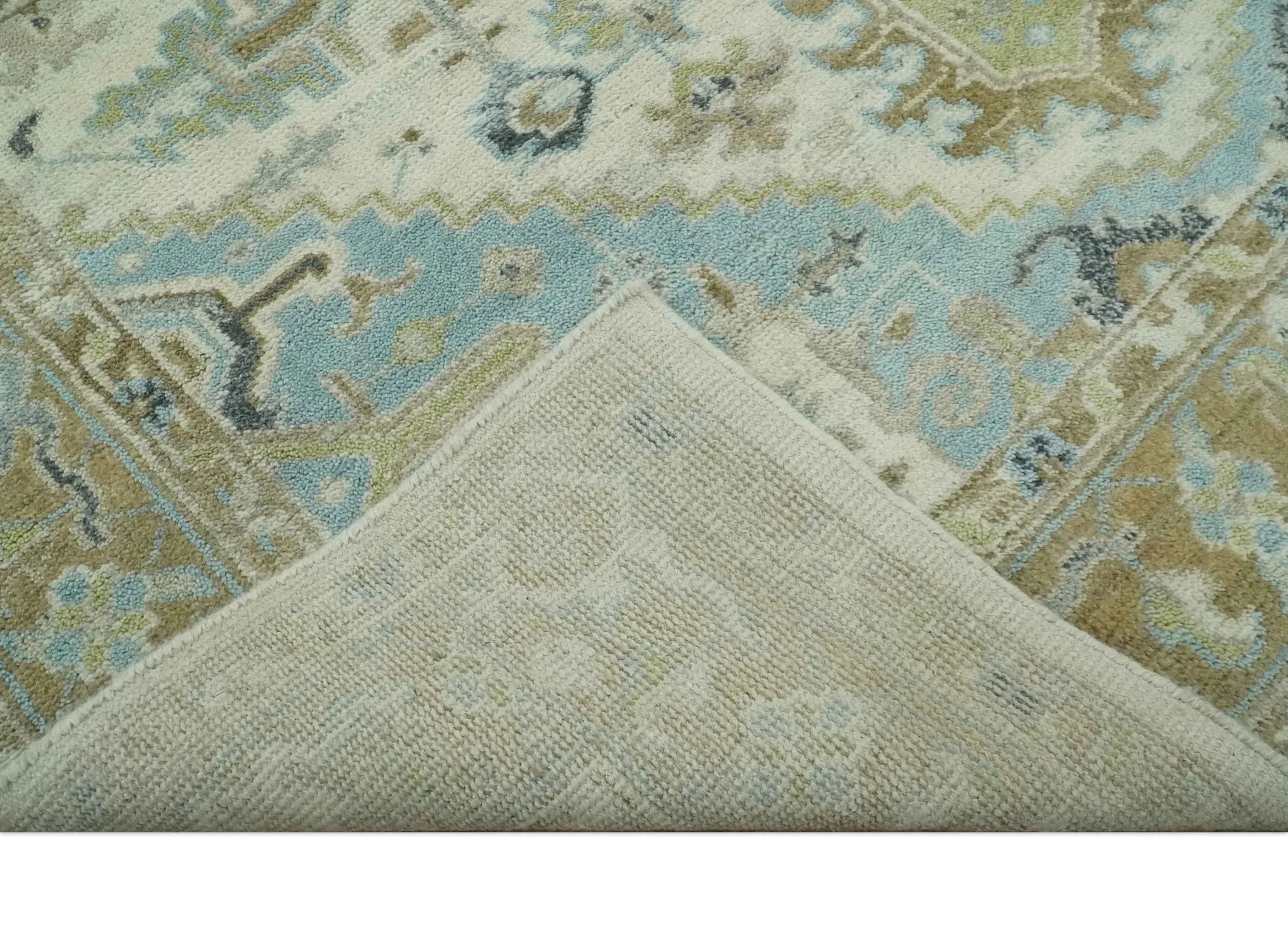 Custom Made Hand Knotted Ivory, Olive and Light Blue Traditional Wool Area Rug - The Mayfair Hall