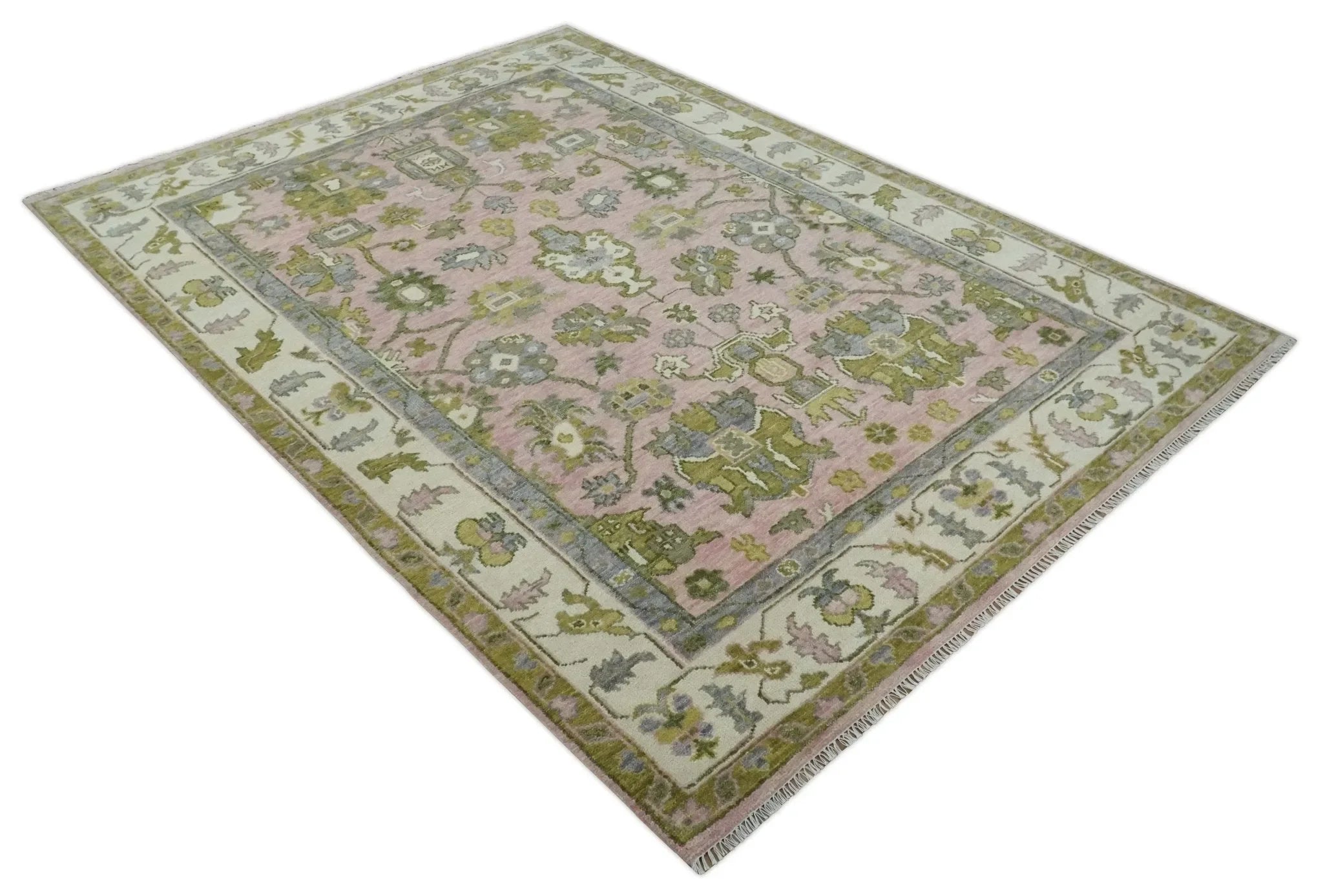 Custom Made Hand Knotted Peach, Ivory and Olive Traditional Style Wool Area Rug - The Mayfair Hall