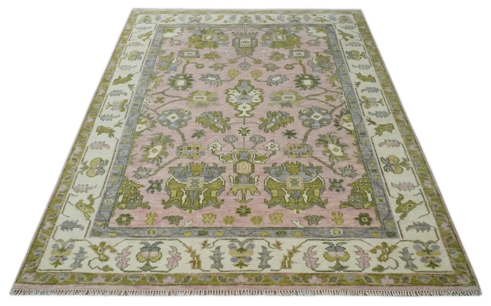 Custom Made Hand Knotted Peach, Ivory and Olive Traditional Style Wool Area Rug - The Mayfair Hall