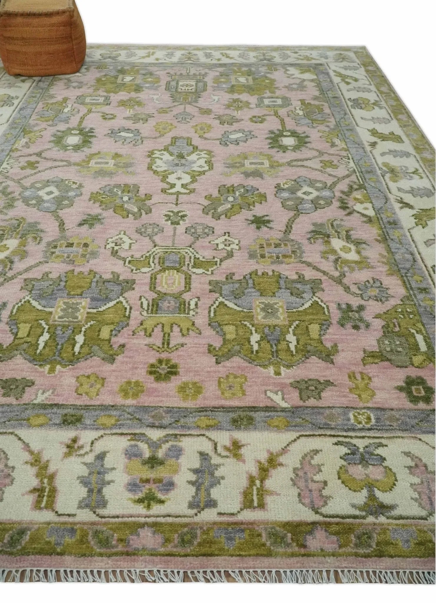 Custom Made Hand Knotted Peach, Ivory and Olive Traditional Style Wool Area Rug - The Mayfair Hall