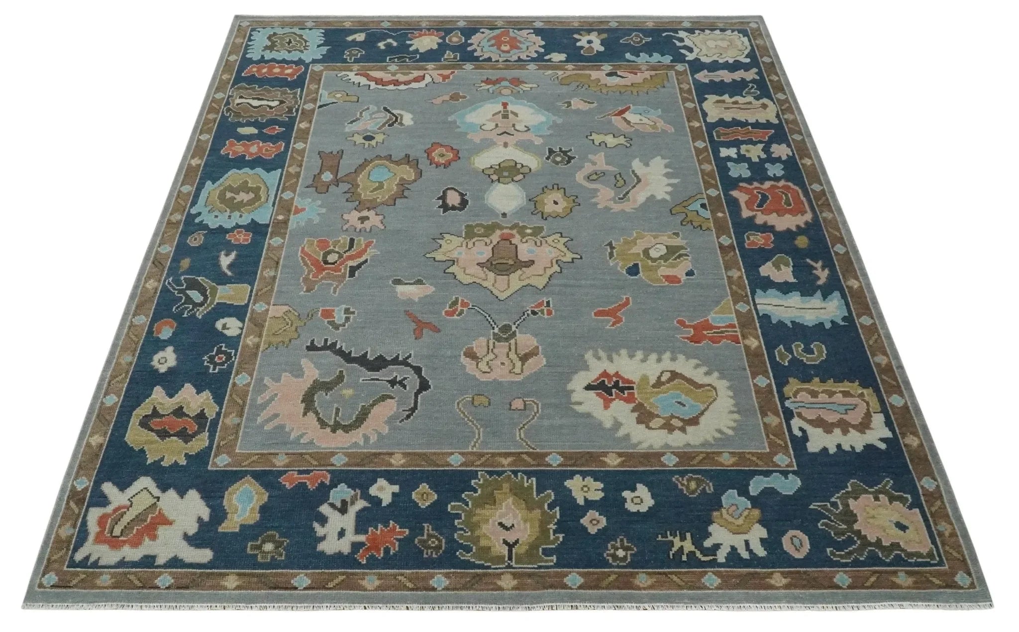 Custom Made Hand Knotted Silver and Blue Colorful Traditional Oushak Wool Area Rug - The Mayfair Hall