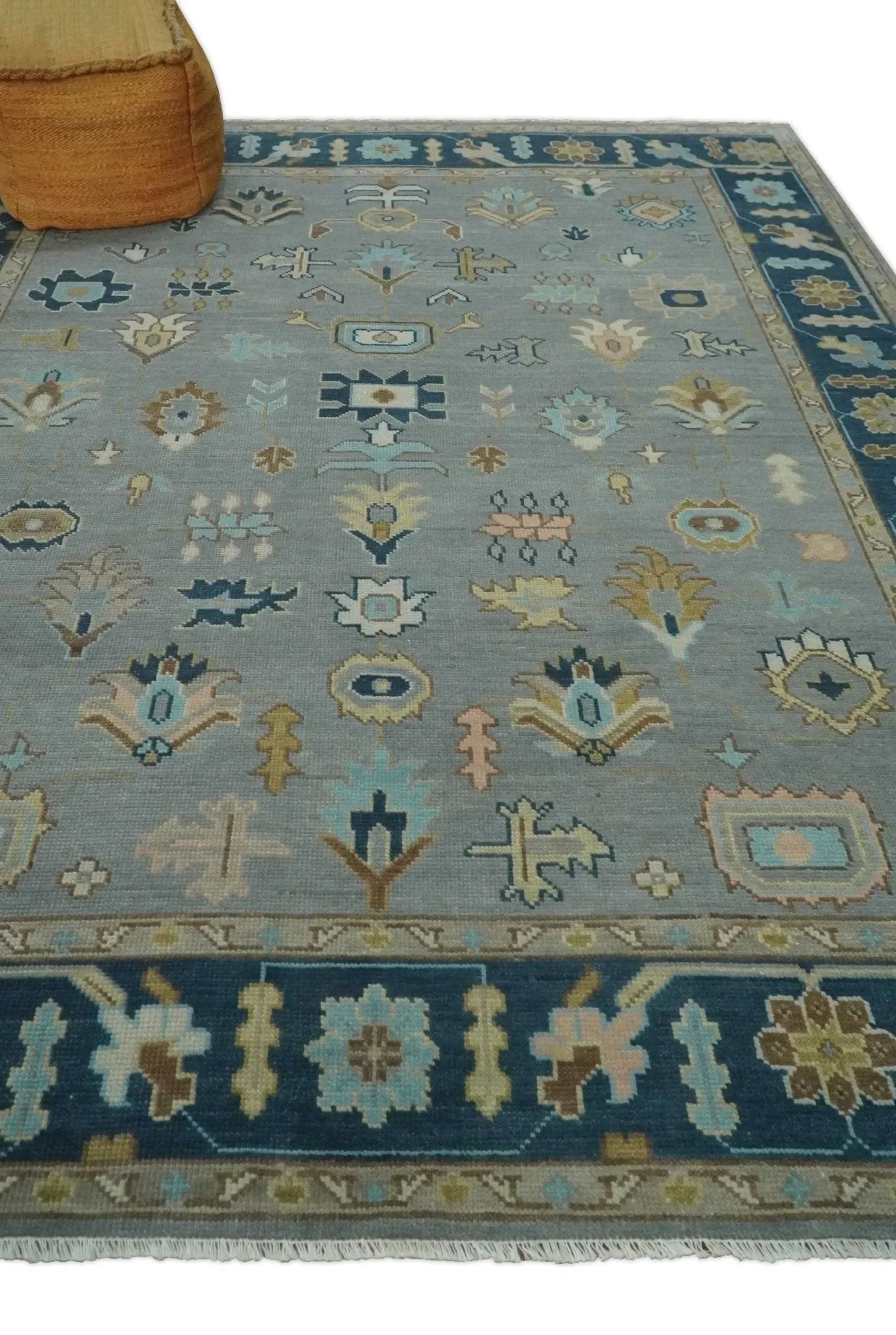 Custom Made Hand knotted Silver and Blue Traditional Oushak wool Area Rug - The Mayfair Hall