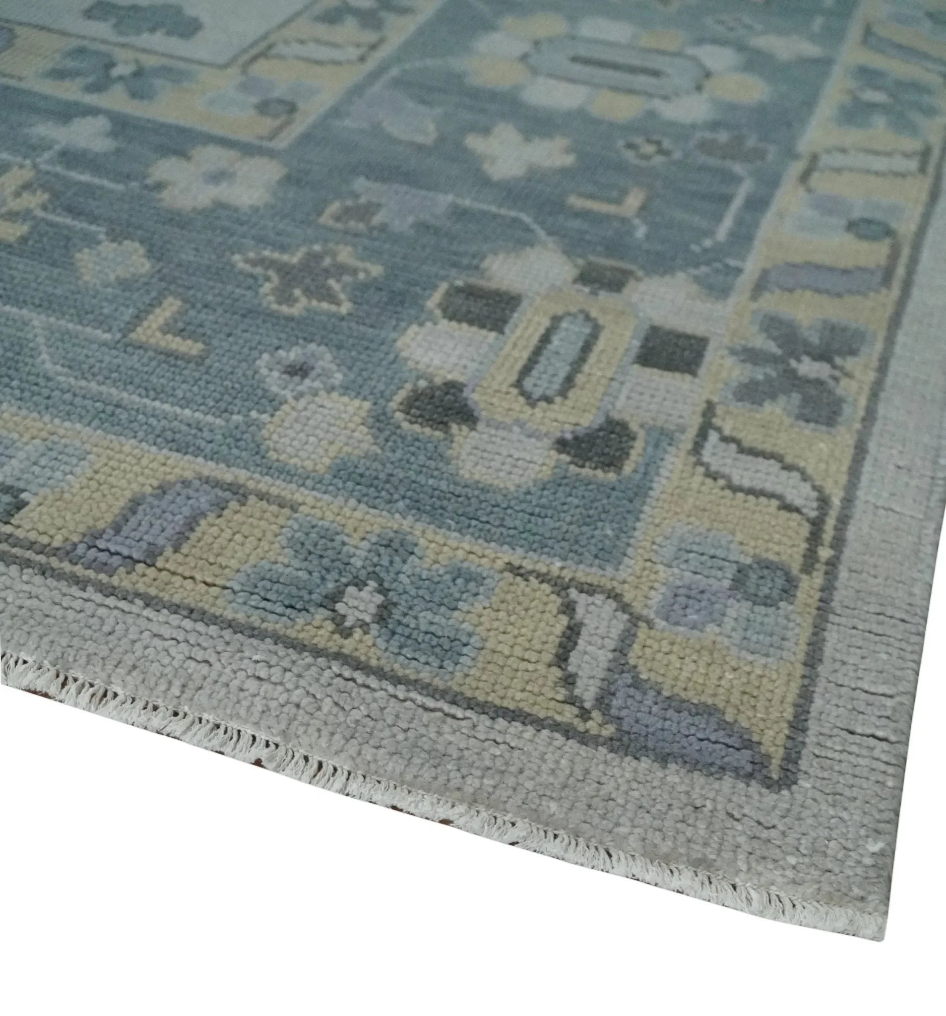 Custom Made Hand Knotted Silver, Blue and Beige Traditional Oushak Wool Area Rug - The Mayfair Hall