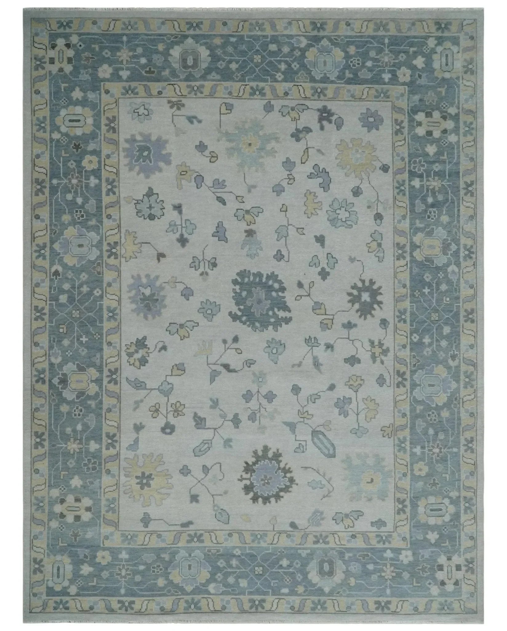 Custom Made Hand Knotted Silver, Blue and Beige Traditional Oushak Wool Area Rug - The Mayfair Hall