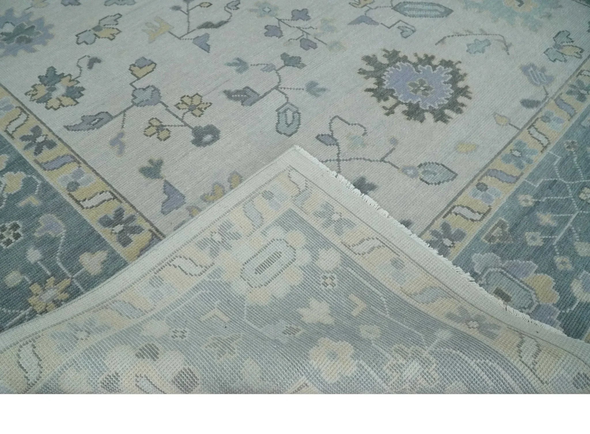 Custom Made Hand Knotted Silver, Blue and Beige Traditional Oushak Wool Area Rug - The Mayfair Hall