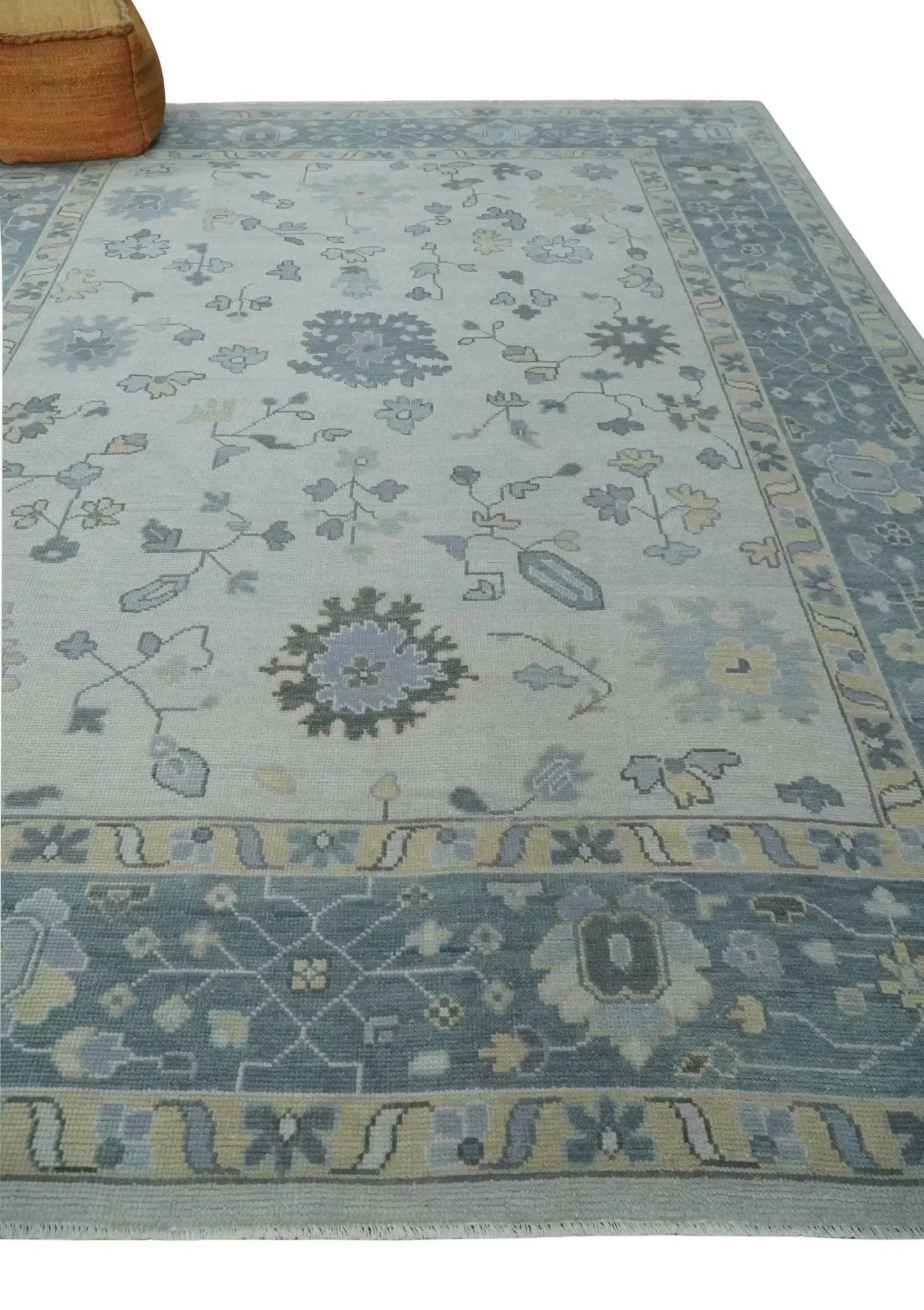 Custom Made Hand Knotted Silver, Blue and Beige Traditional Oushak Wool Area Rug - The Mayfair Hall