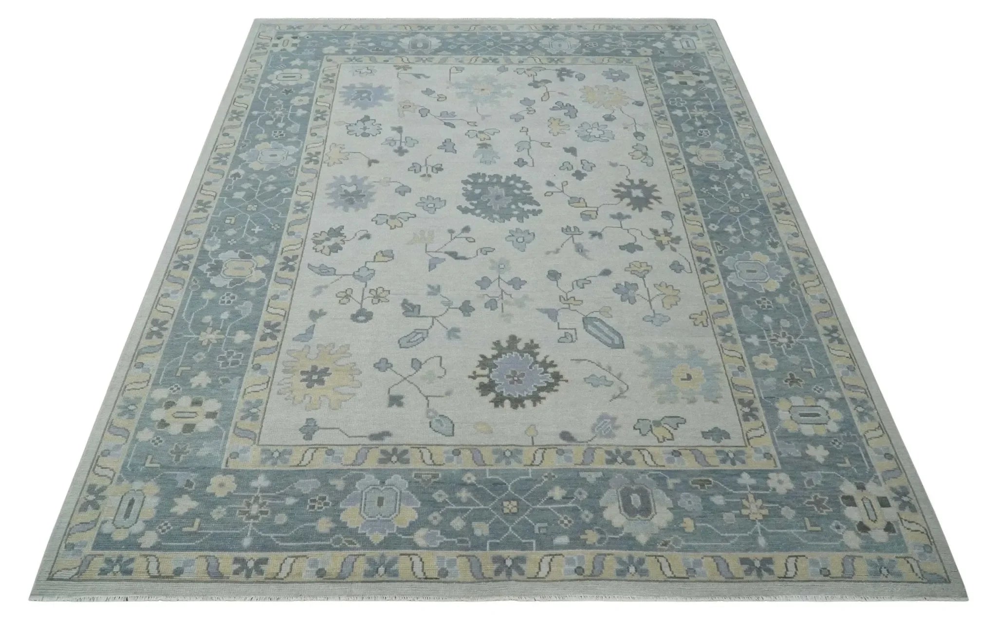 Custom Made Hand Knotted Silver, Blue and Beige Traditional Oushak Wool Area Rug - The Mayfair Hall