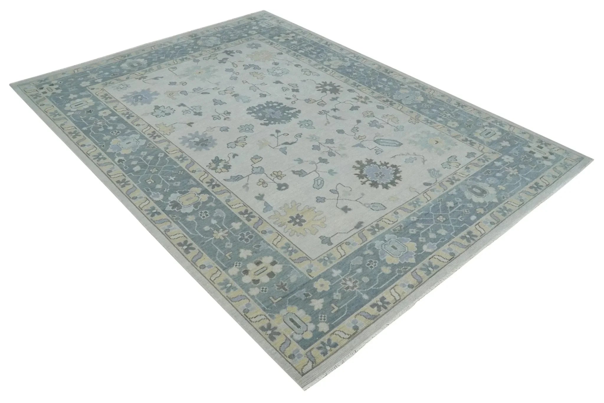 Custom Made Hand Knotted Silver, Blue and Beige Traditional Oushak Wool Area Rug - The Mayfair Hall