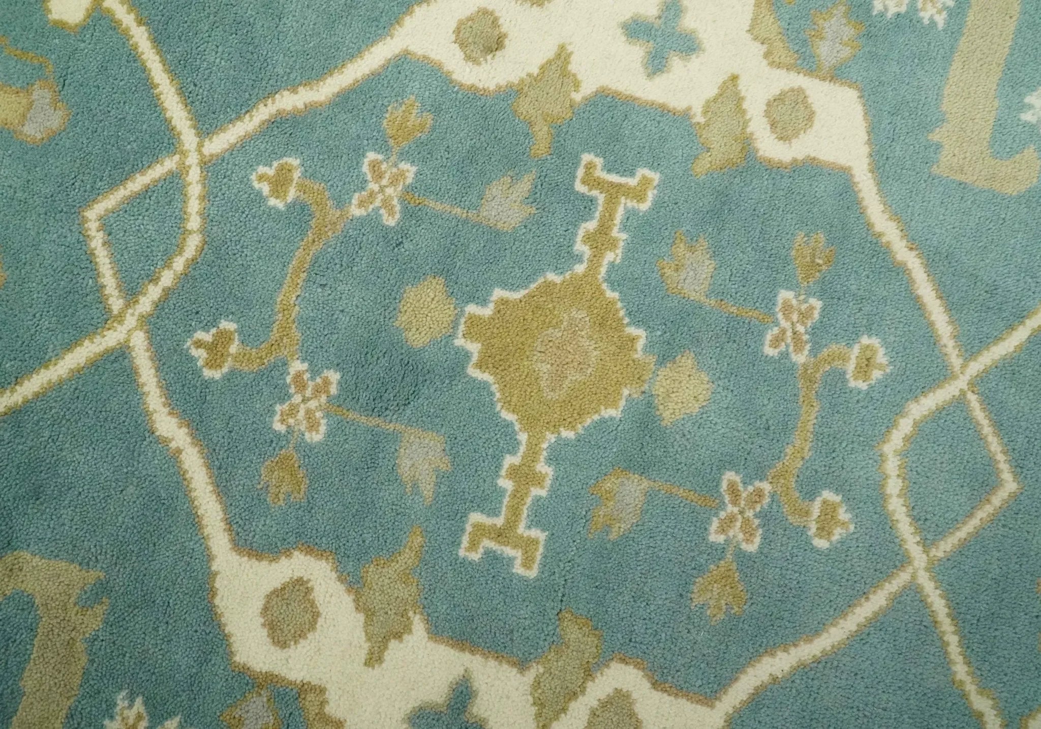 Custom Made Hand Knotted Teal, Ivory and Olive Oriental Oushak wool area rug - The Mayfair Hall