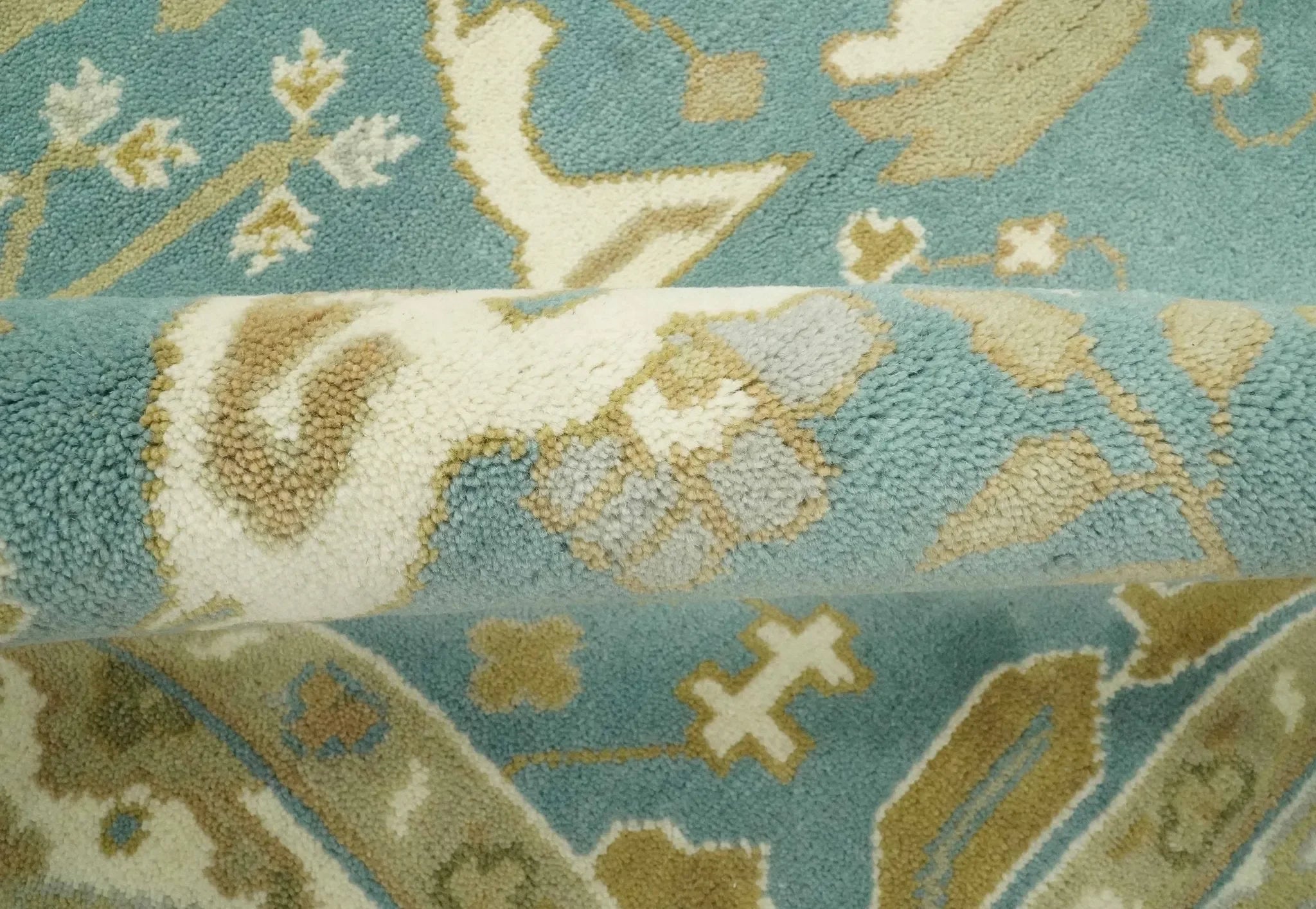 Custom Made Hand Knotted Teal, Ivory and Olive Oriental Oushak wool area rug - The Mayfair Hall