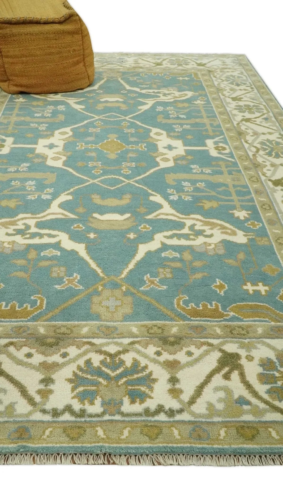 Custom Made Hand Knotted Teal, Ivory and Olive Oriental Oushak wool area rug - The Mayfair Hall