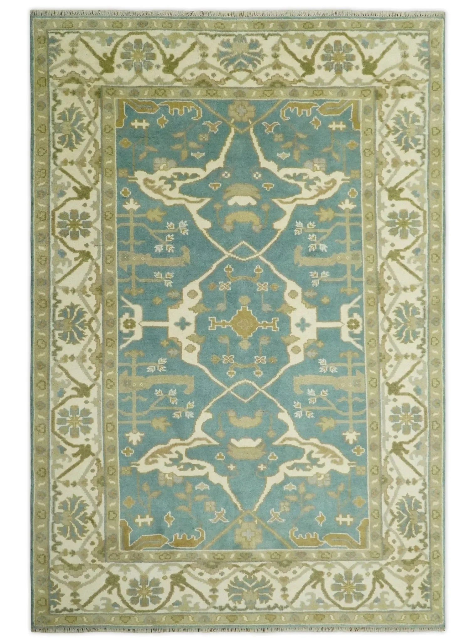 Custom Made Hand Knotted Teal, Ivory and Olive Oriental Oushak wool area rug - The Mayfair Hall