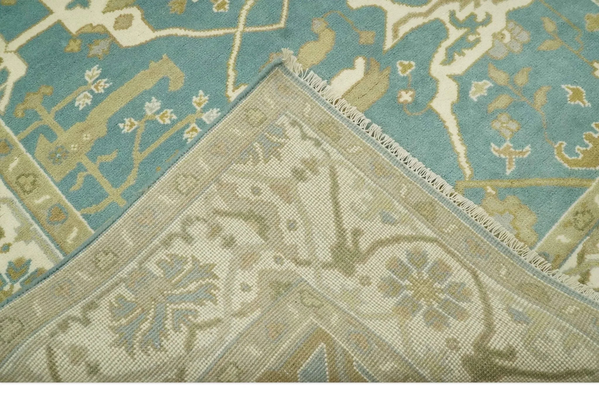 Custom Made Hand Knotted Teal, Ivory and Olive Oriental Oushak wool area rug - The Mayfair Hall