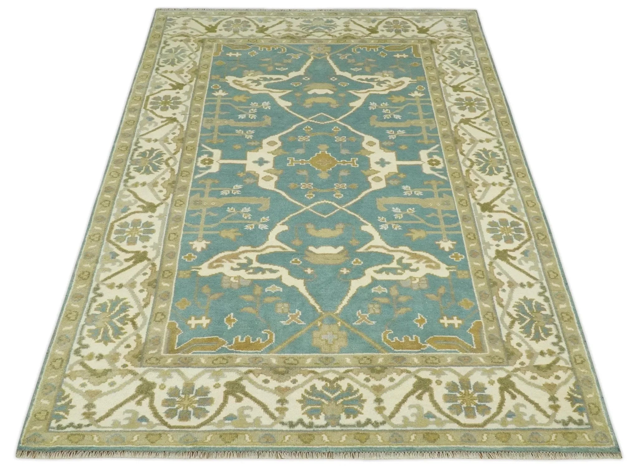 Custom Made Hand Knotted Teal, Ivory and Olive Oriental Oushak wool area rug - The Mayfair Hall