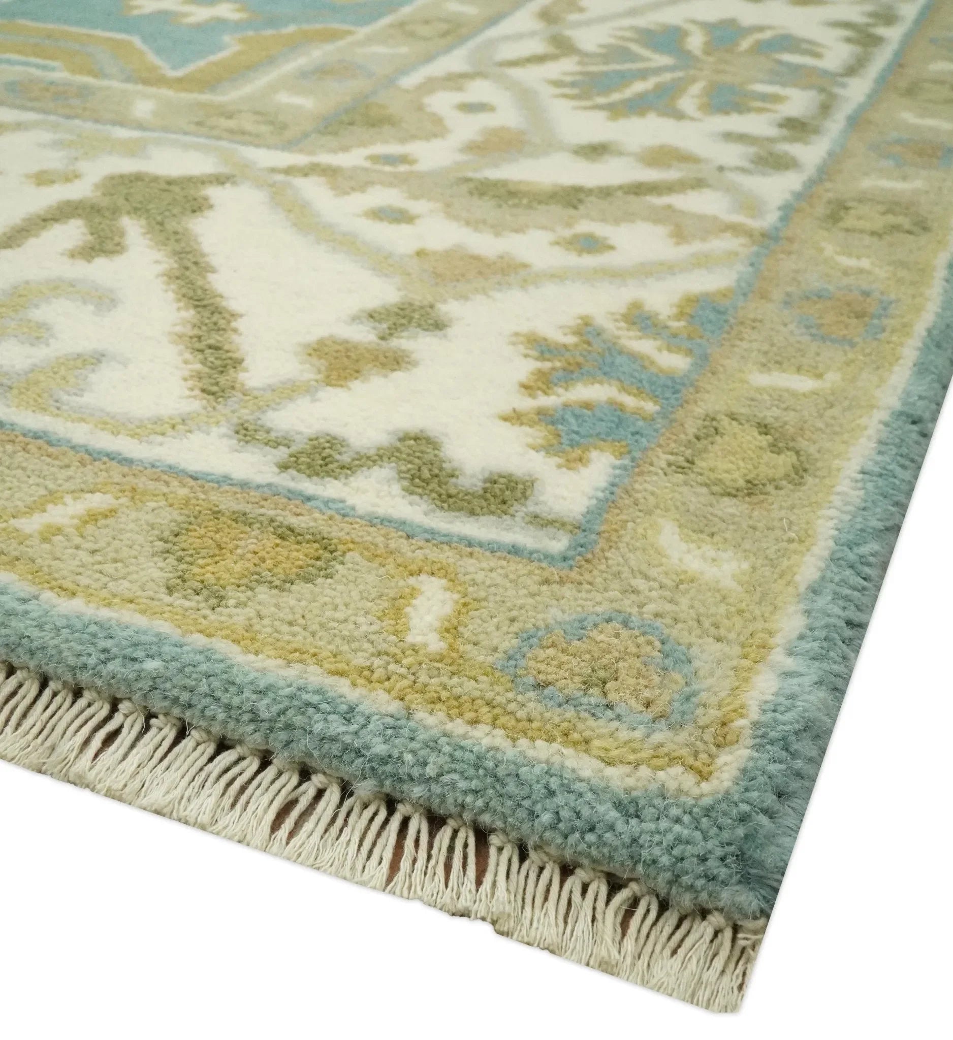 Custom Made Hand Knotted Teal, Ivory and Olive Oriental Oushak wool area rug - The Mayfair Hall