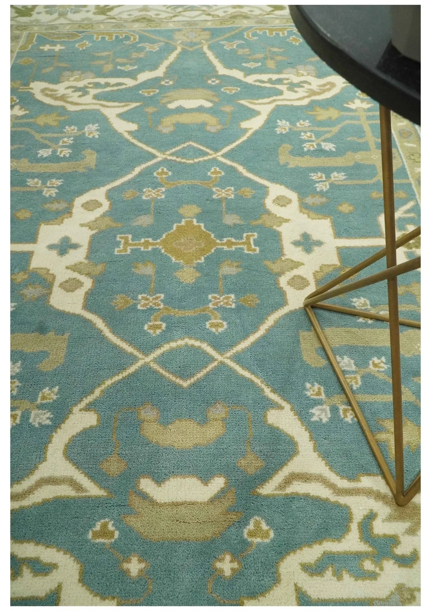 Custom Made Hand Knotted Teal, Ivory and Olive Oriental Oushak wool area rug - The Mayfair Hall