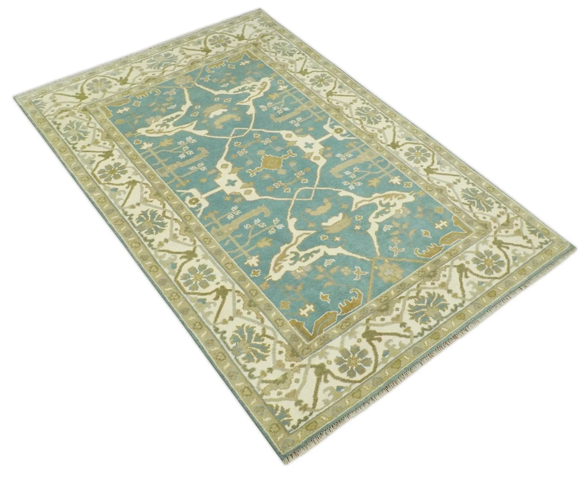 Custom Made Hand Knotted Teal, Ivory and Olive Oriental Oushak wool area rug - The Mayfair Hall