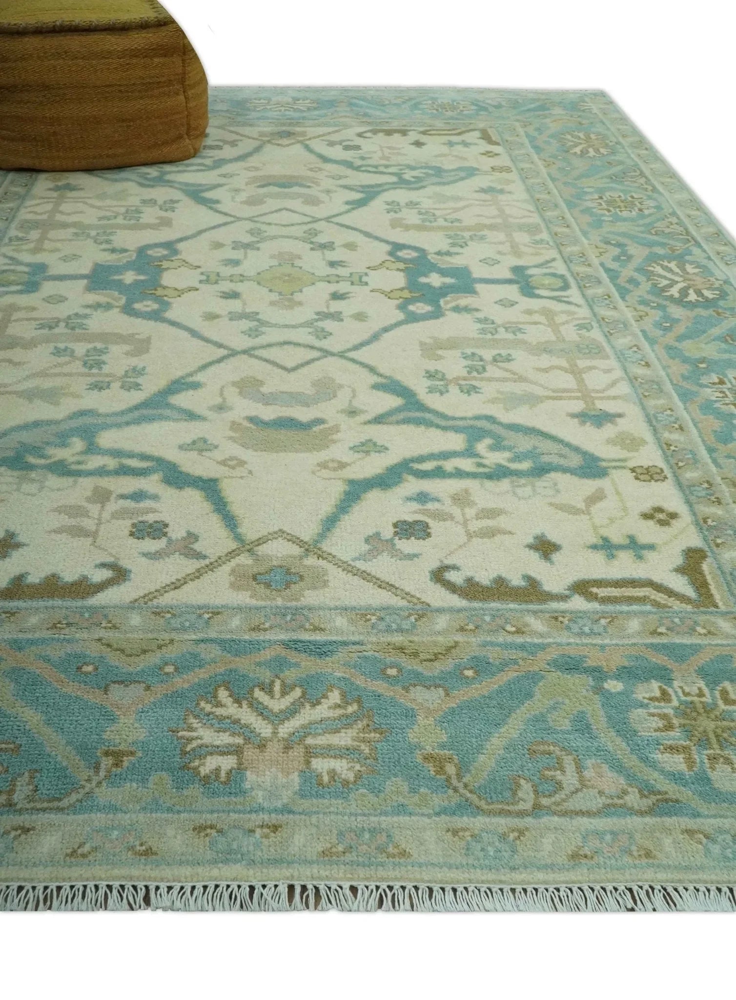 Custom Made Ivory and Teal Hand Knotted Traditional Oriental Oushak wool rug - The Mayfair Hall