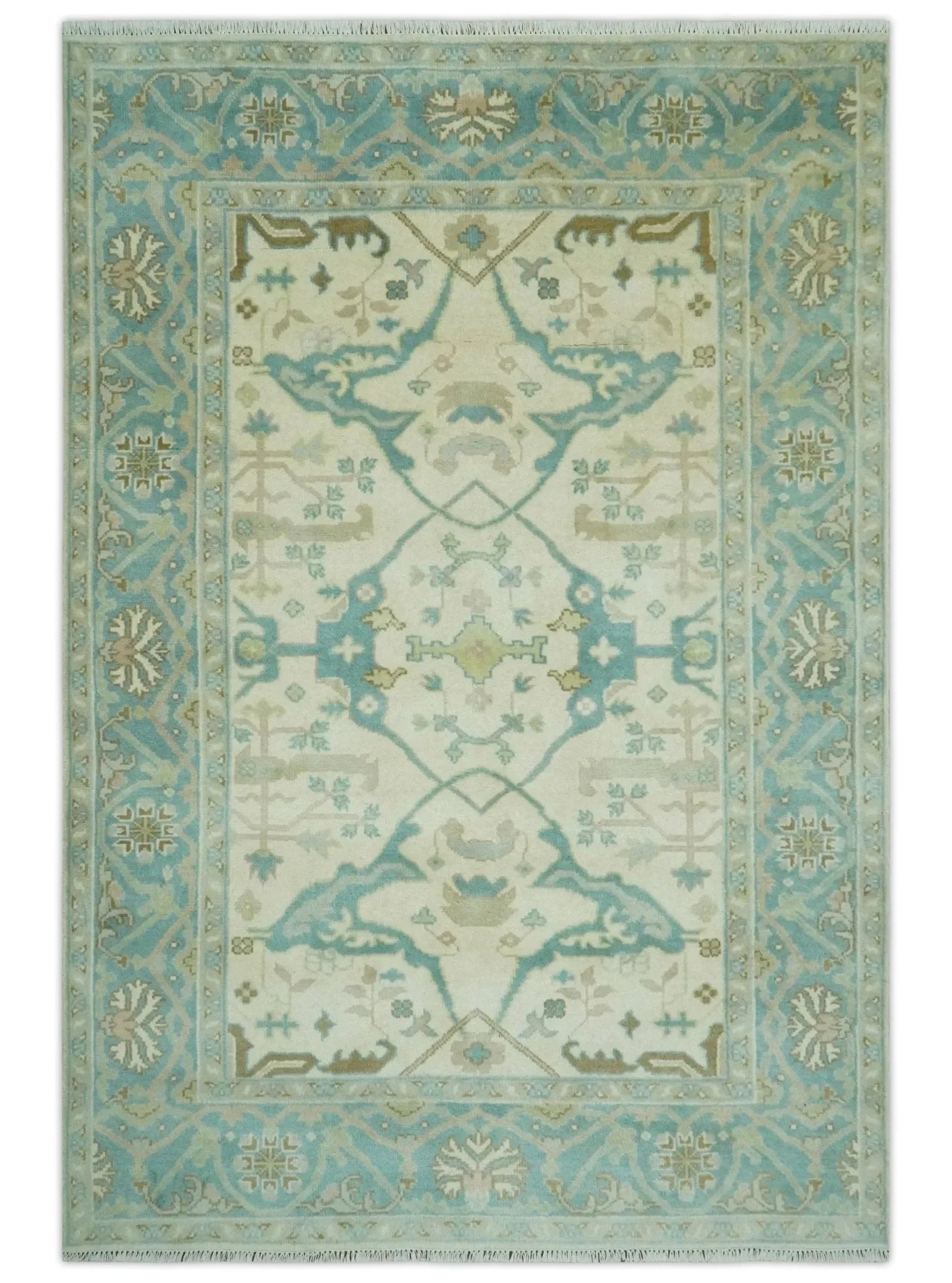 Custom Made Ivory and Teal Hand Knotted Traditional Oriental Oushak wool rug - The Mayfair Hall