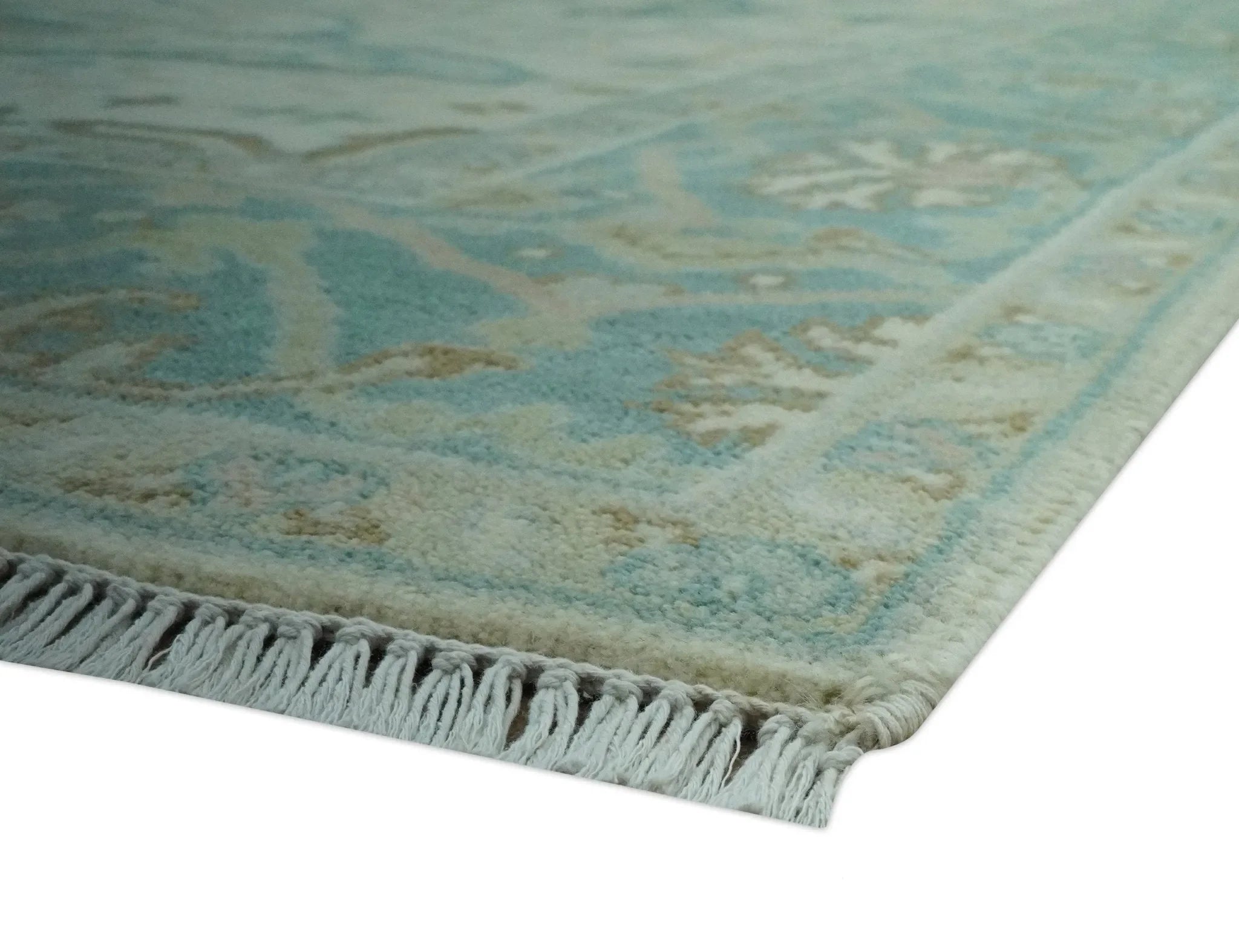 Custom Made Ivory and Teal Hand Knotted Traditional Oriental Oushak wool rug - The Mayfair Hall