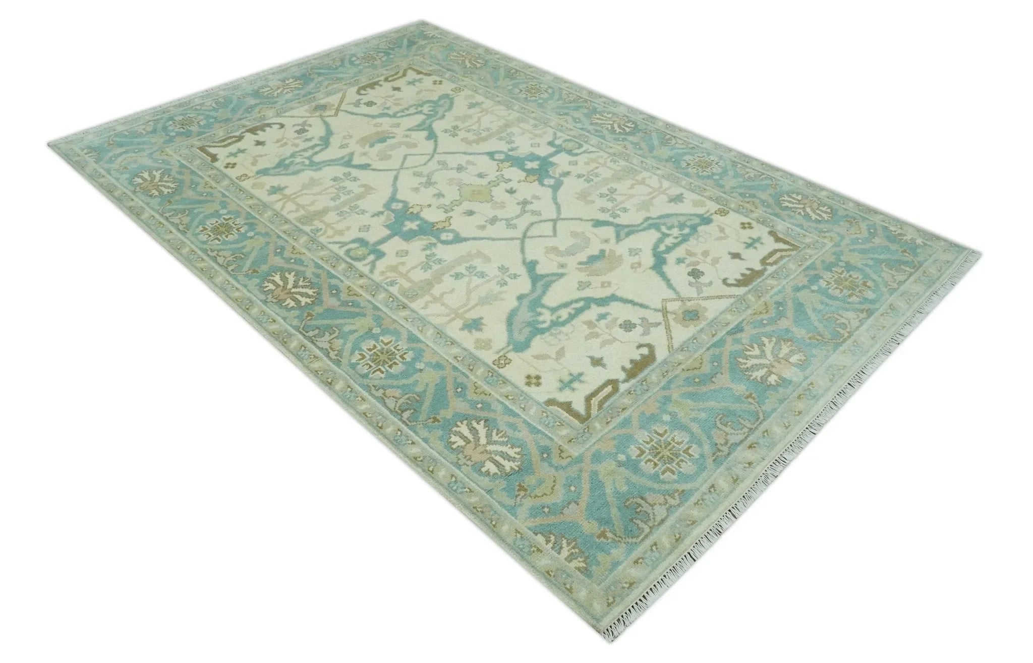 Custom Made Ivory and Teal Hand Knotted Traditional Oriental Oushak wool rug - The Mayfair Hall