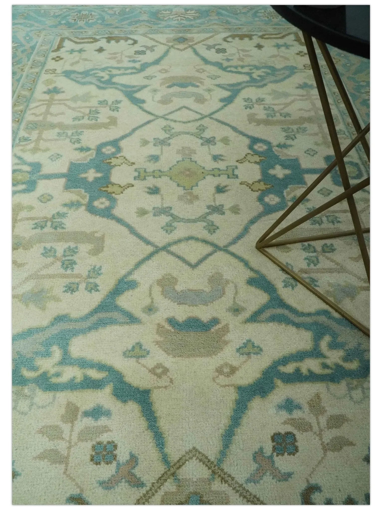 Custom Made Ivory and Teal Hand Knotted Traditional Oriental Oushak wool rug - The Mayfair Hall
