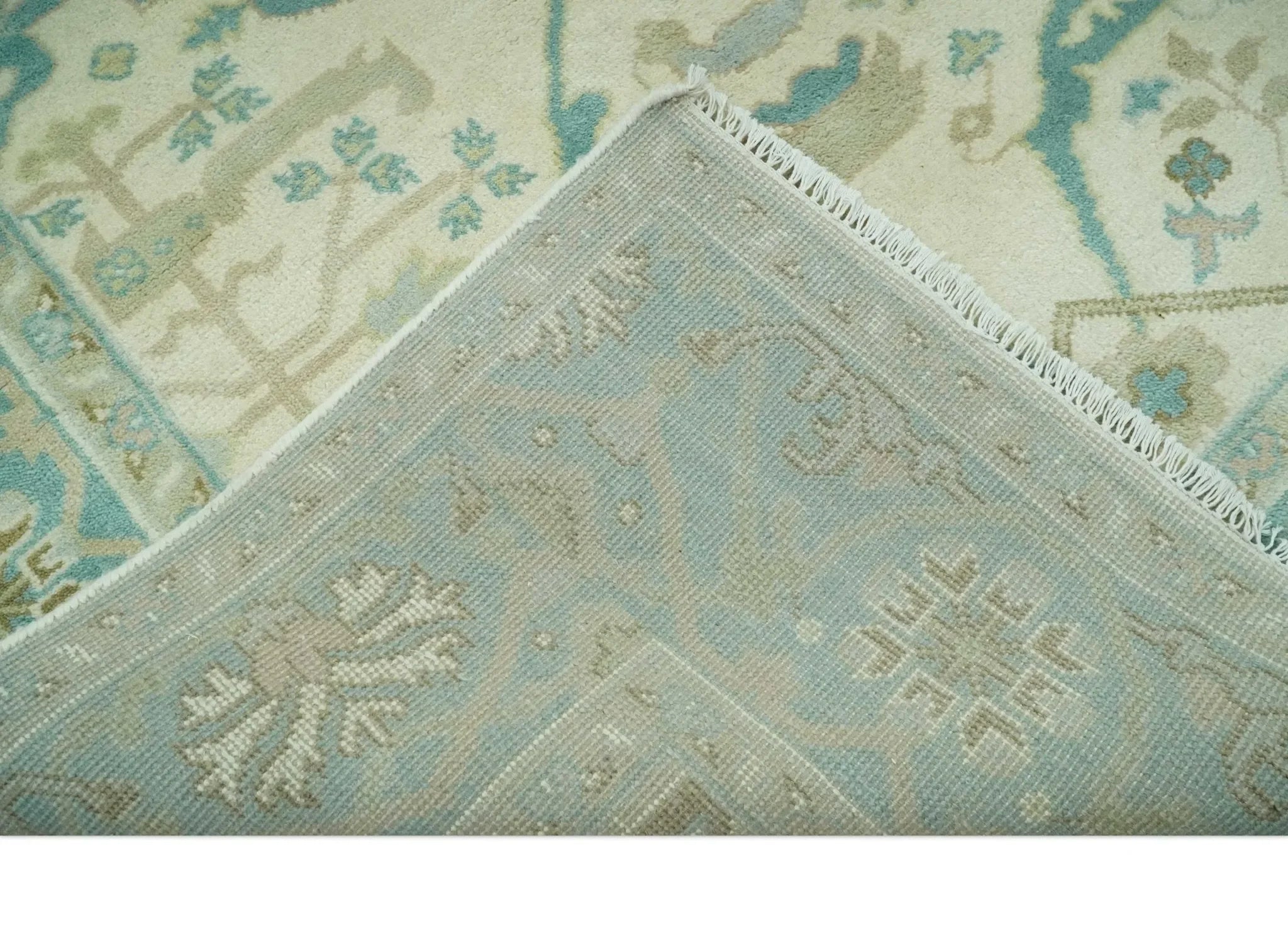 Custom Made Ivory and Teal Hand Knotted Traditional Oriental Oushak wool rug - The Mayfair Hall
