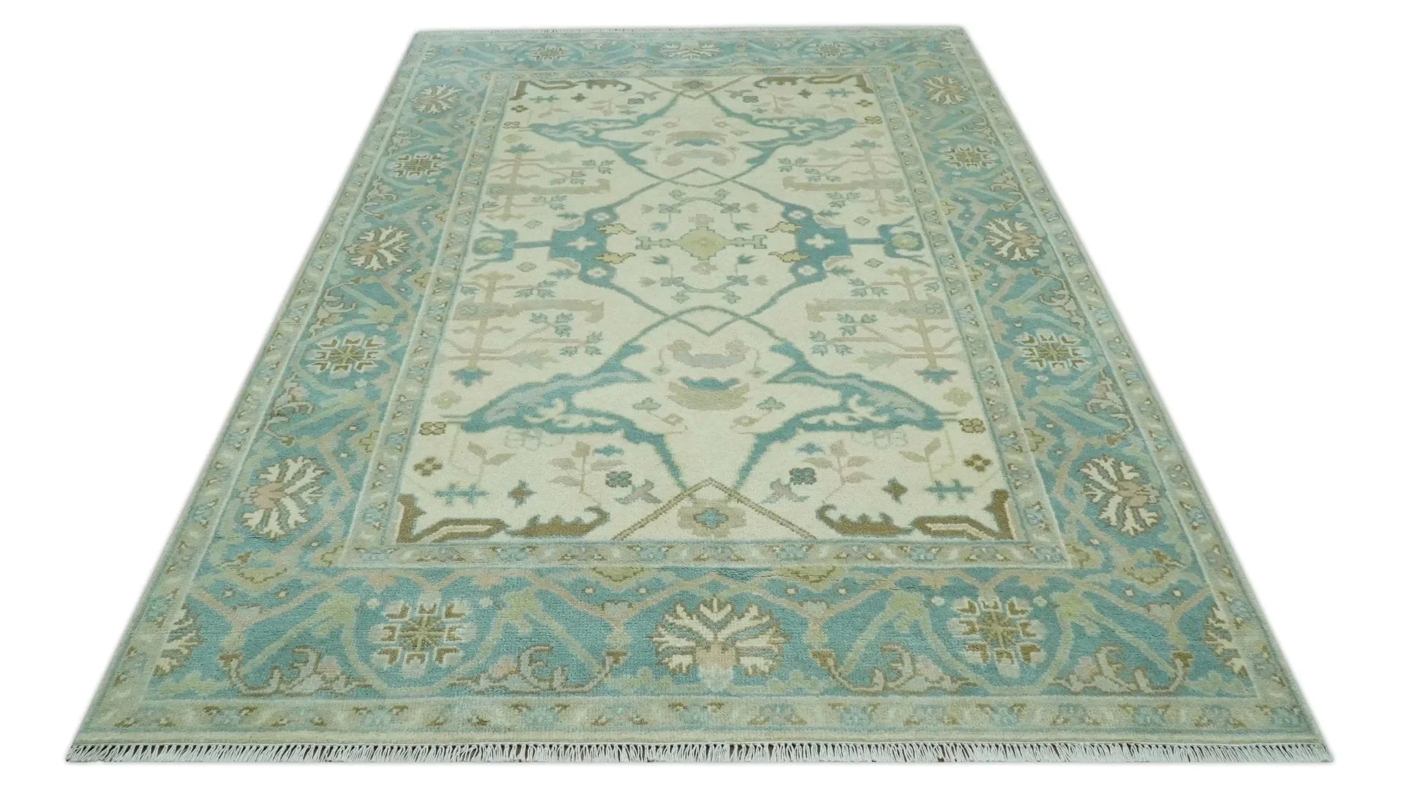 Custom Made Ivory and Teal Hand Knotted Traditional Oriental Oushak wool rug - The Mayfair Hall