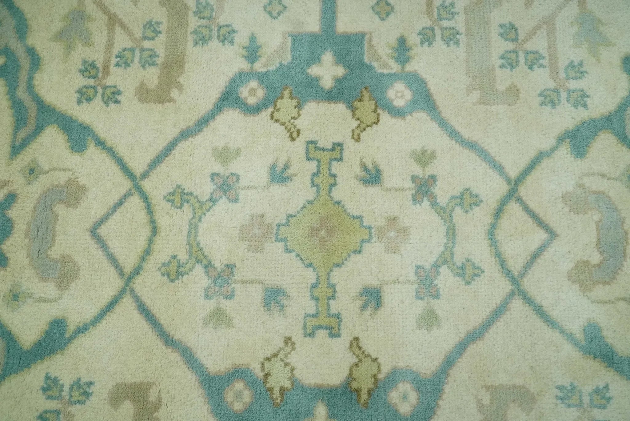 Custom Made Ivory and Teal Hand Knotted Traditional Oriental Oushak wool rug - The Mayfair Hall