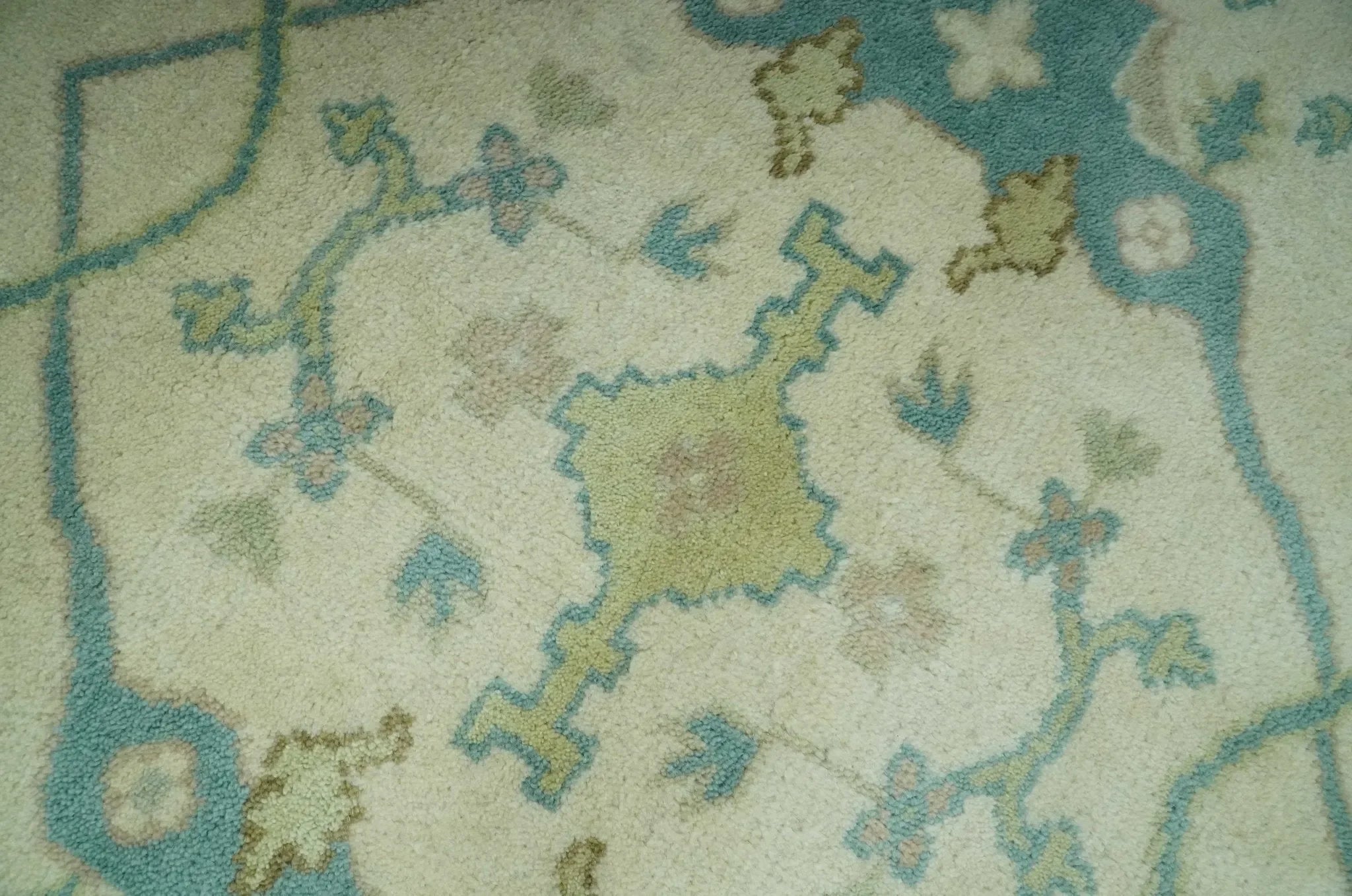 Custom Made Ivory and Teal Hand Knotted Traditional Oriental Oushak wool rug - The Mayfair Hall