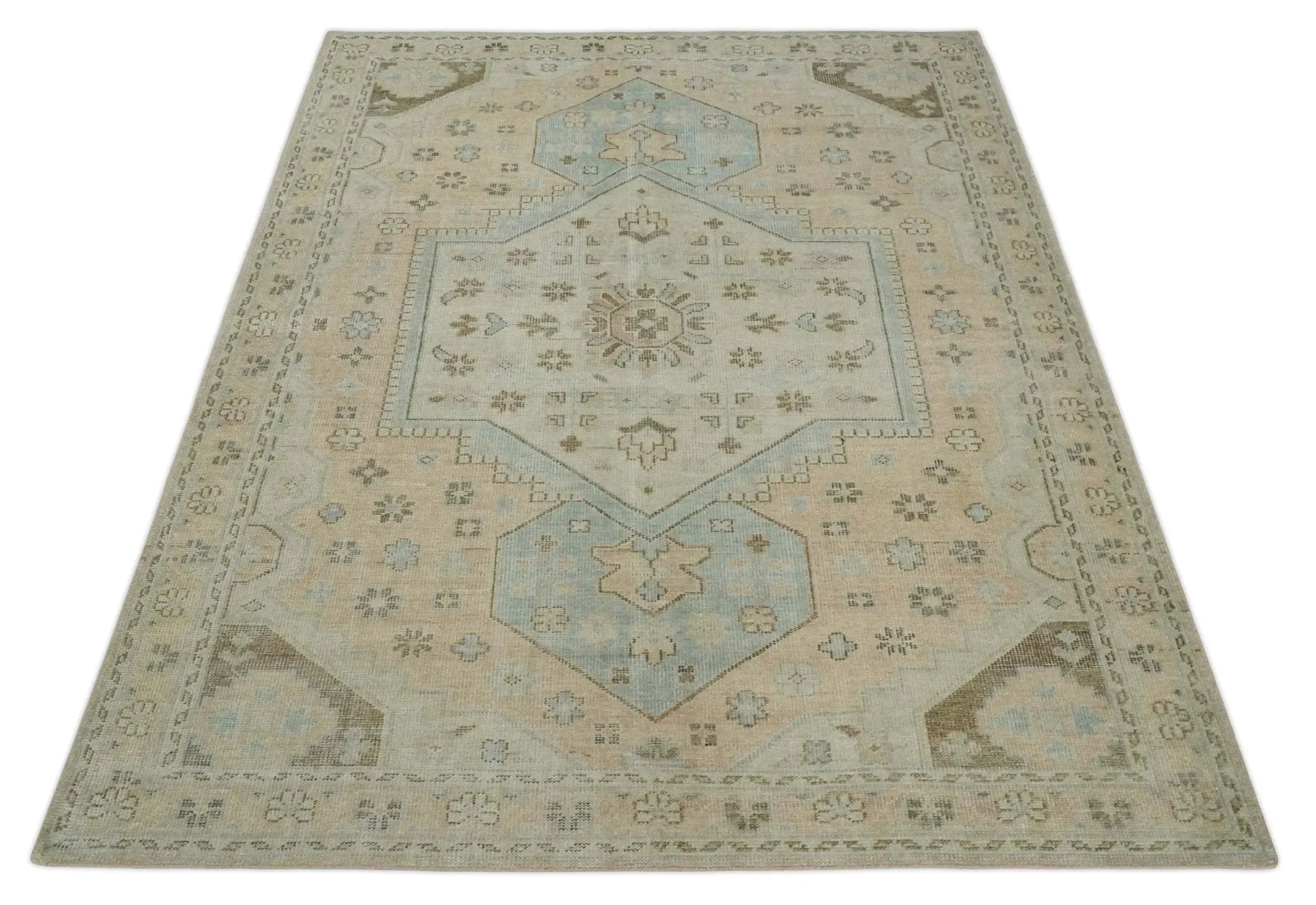 Custom Made Low Pile Hand Knotted Peach and Blue Traditional Design Wool Area Rug - The Mayfair Hall