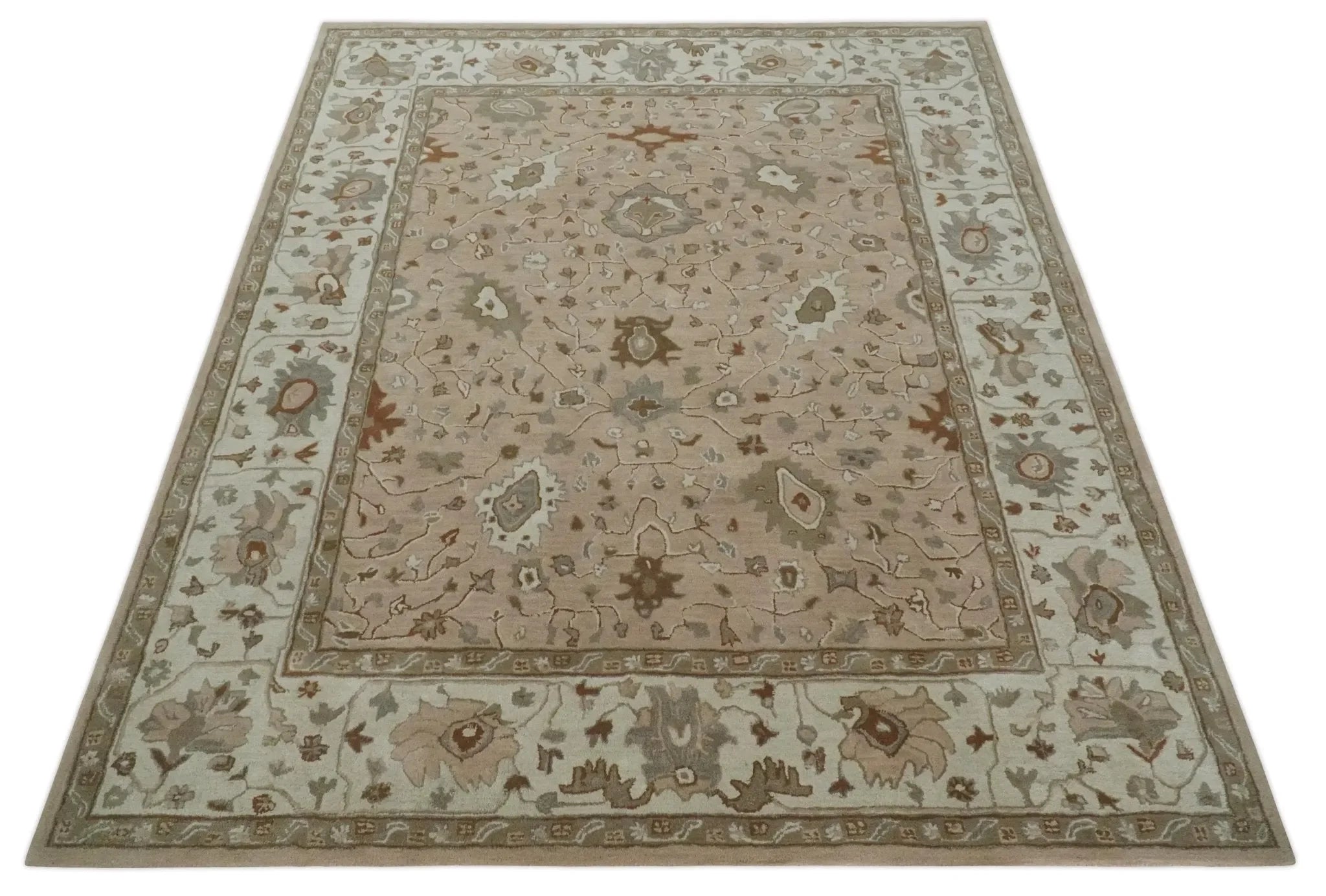 Custom Made Oushak Design Tufted Peach, Ivory and Olive Traditional Rug - The Mayfair Hall