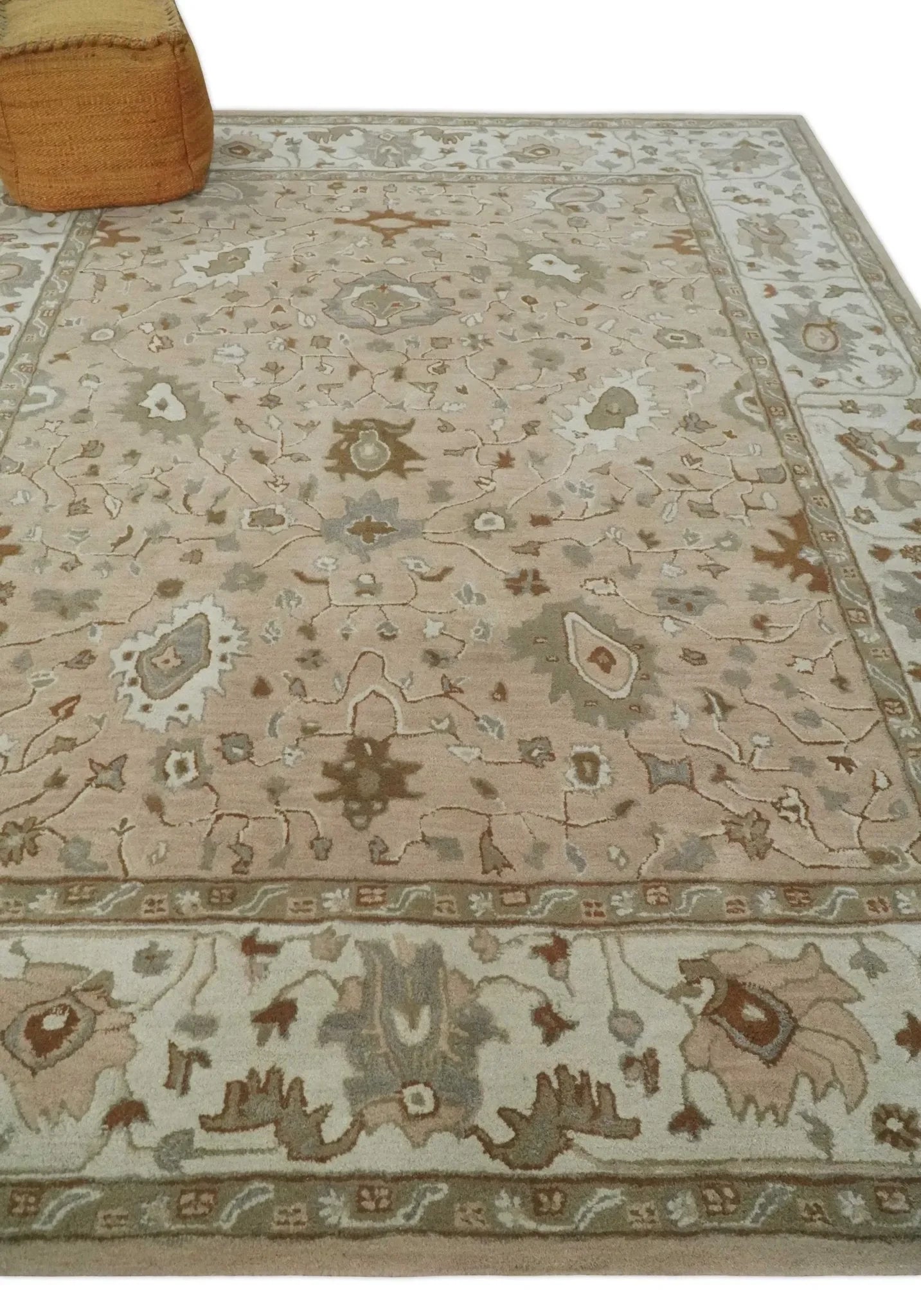 Custom Made Oushak Design Tufted Peach, Ivory and Olive Traditional Rug - The Mayfair Hall