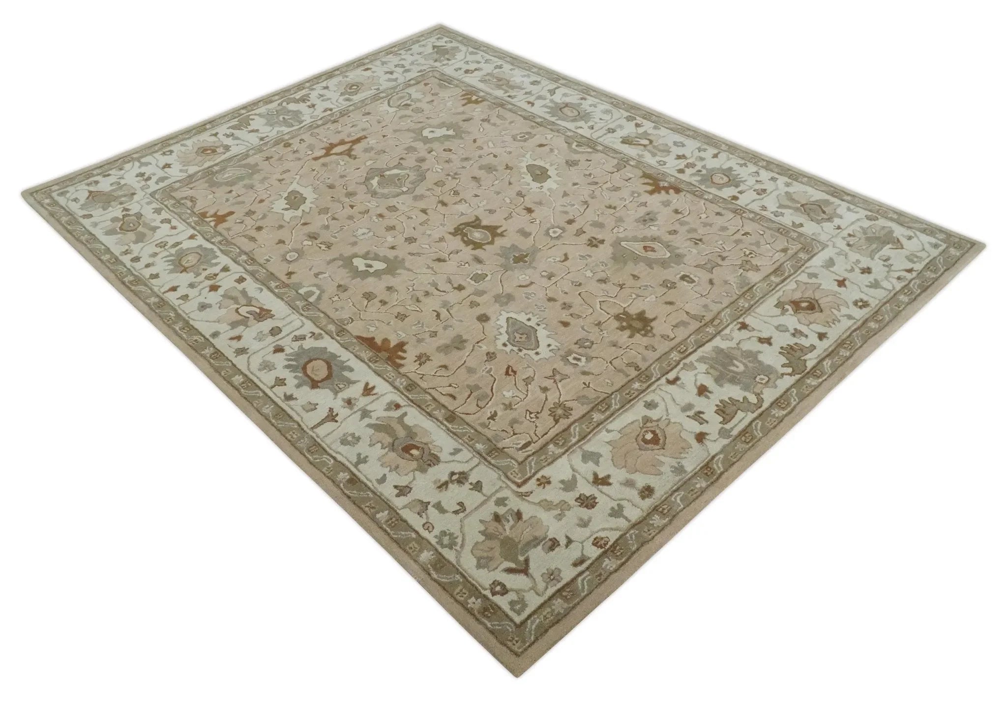 Custom Made Oushak Design Tufted Peach, Ivory and Olive Traditional Rug - The Mayfair Hall