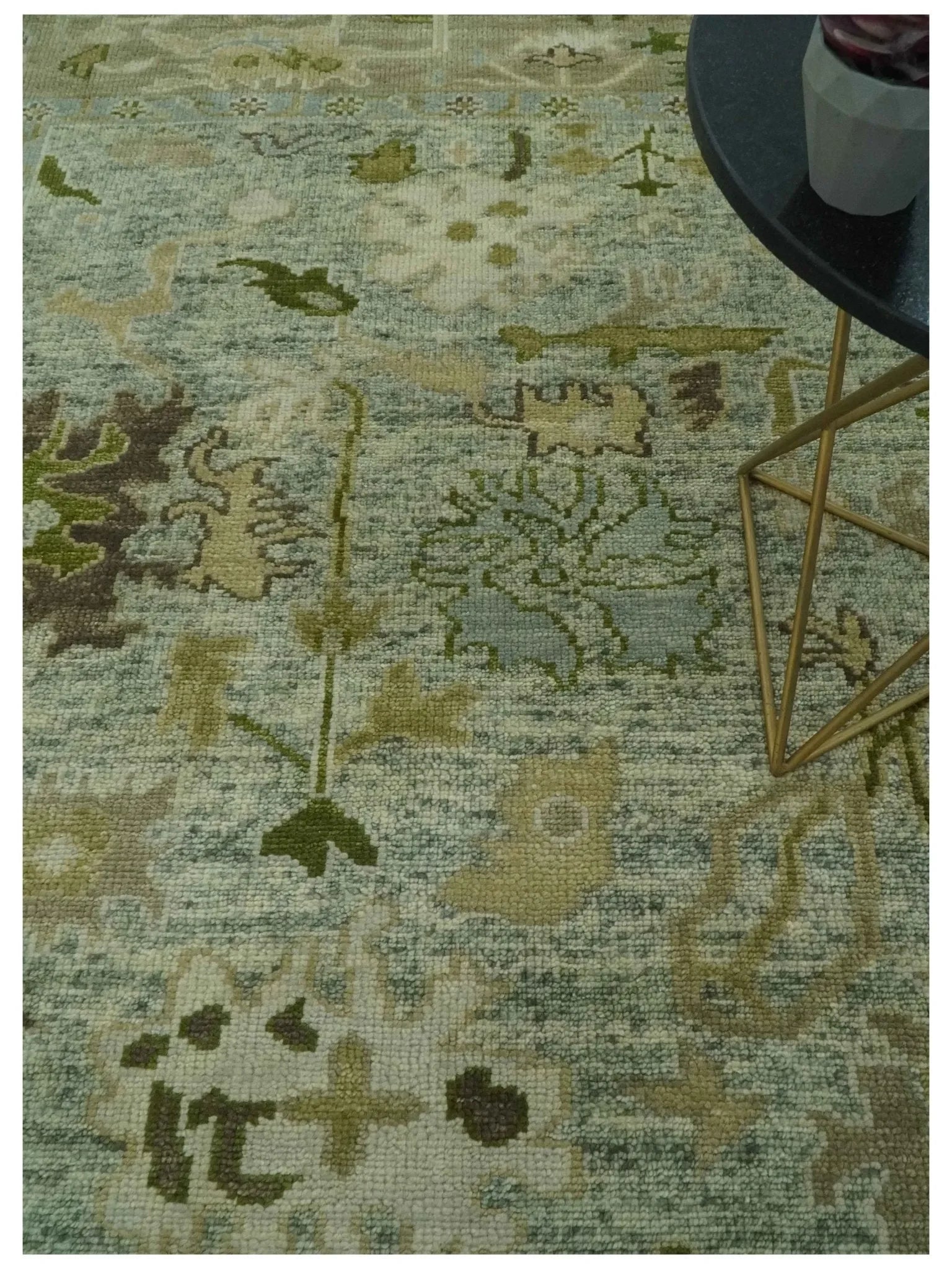 Custom Made Silver and Green Hand Knotted Traditional Oushak wool area rug - The Mayfair Hall