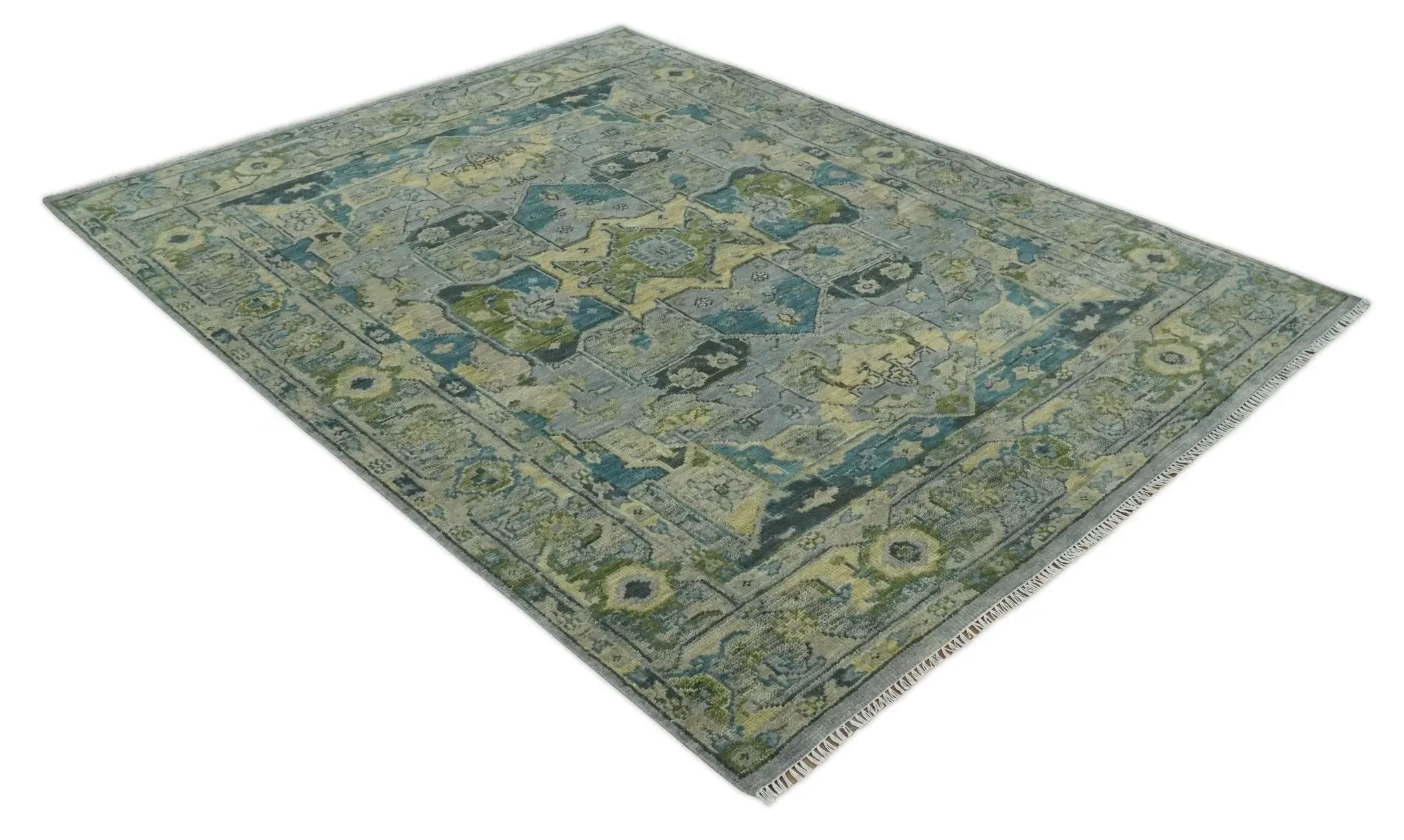 Custom Made Silver, Moss Green and Blue Heriz Traditional wool Area Rug - The Mayfair Hall