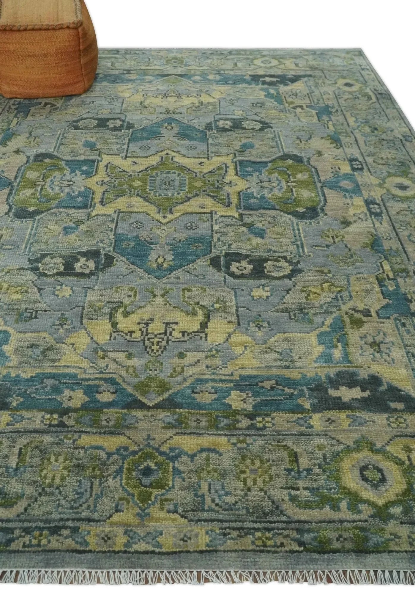 Custom Made Silver, Moss Green and Blue Heriz Traditional wool Area Rug - The Mayfair Hall