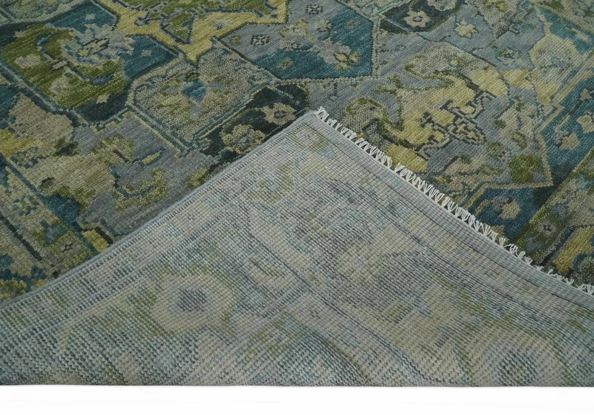 Custom Made Silver, Moss Green and Blue Heriz Traditional wool Area Rug - The Mayfair Hall