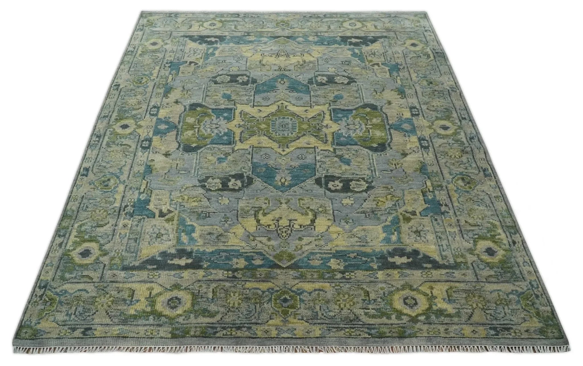 Custom Made Silver, Moss Green and Blue Heriz Traditional wool Area Rug - The Mayfair Hall